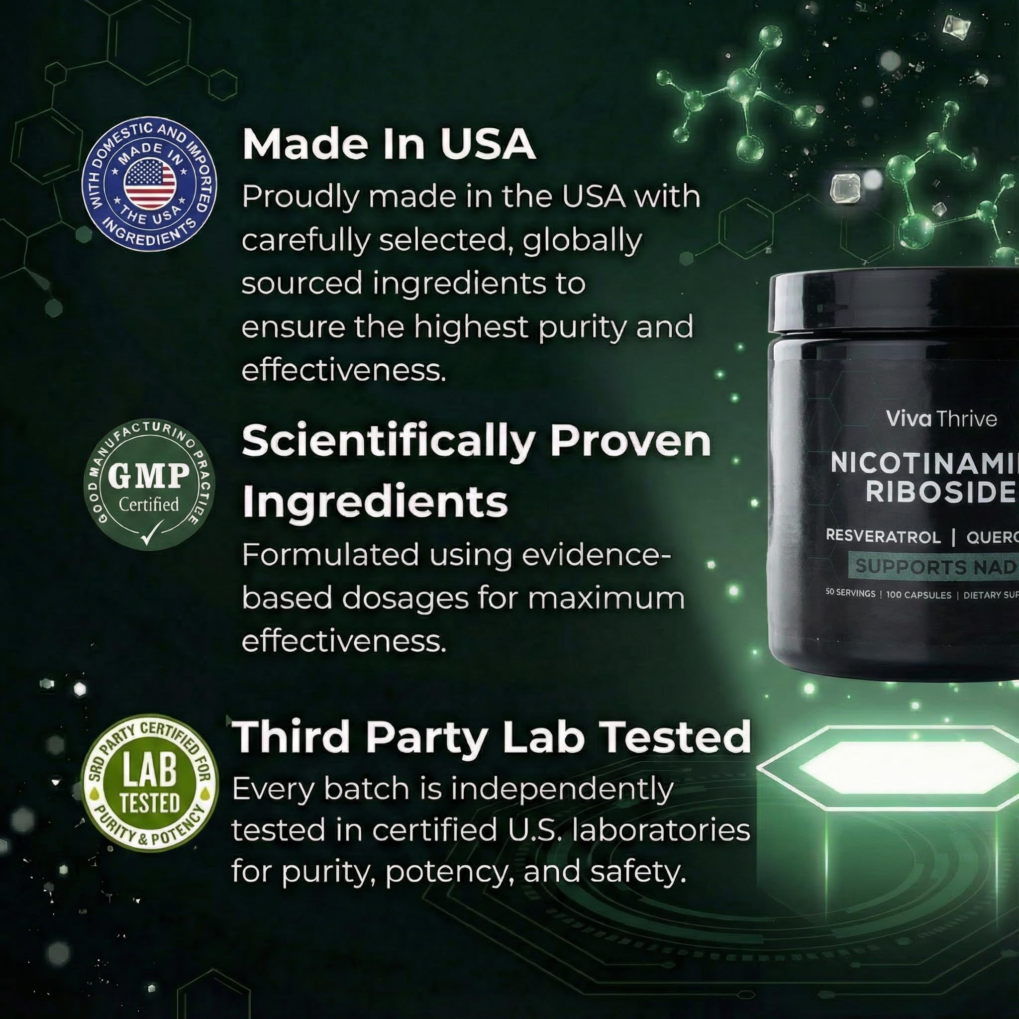VivaThrive Advanced NAD+ Complex - NMNH Supplement Alternative - 50 Day Supply - Triple Action NAD+ Supplement - Nicotinamide Riboside - Resveratrol - Quercetin - Third-Party Tested - Made in USA VivaThrive uk supplements