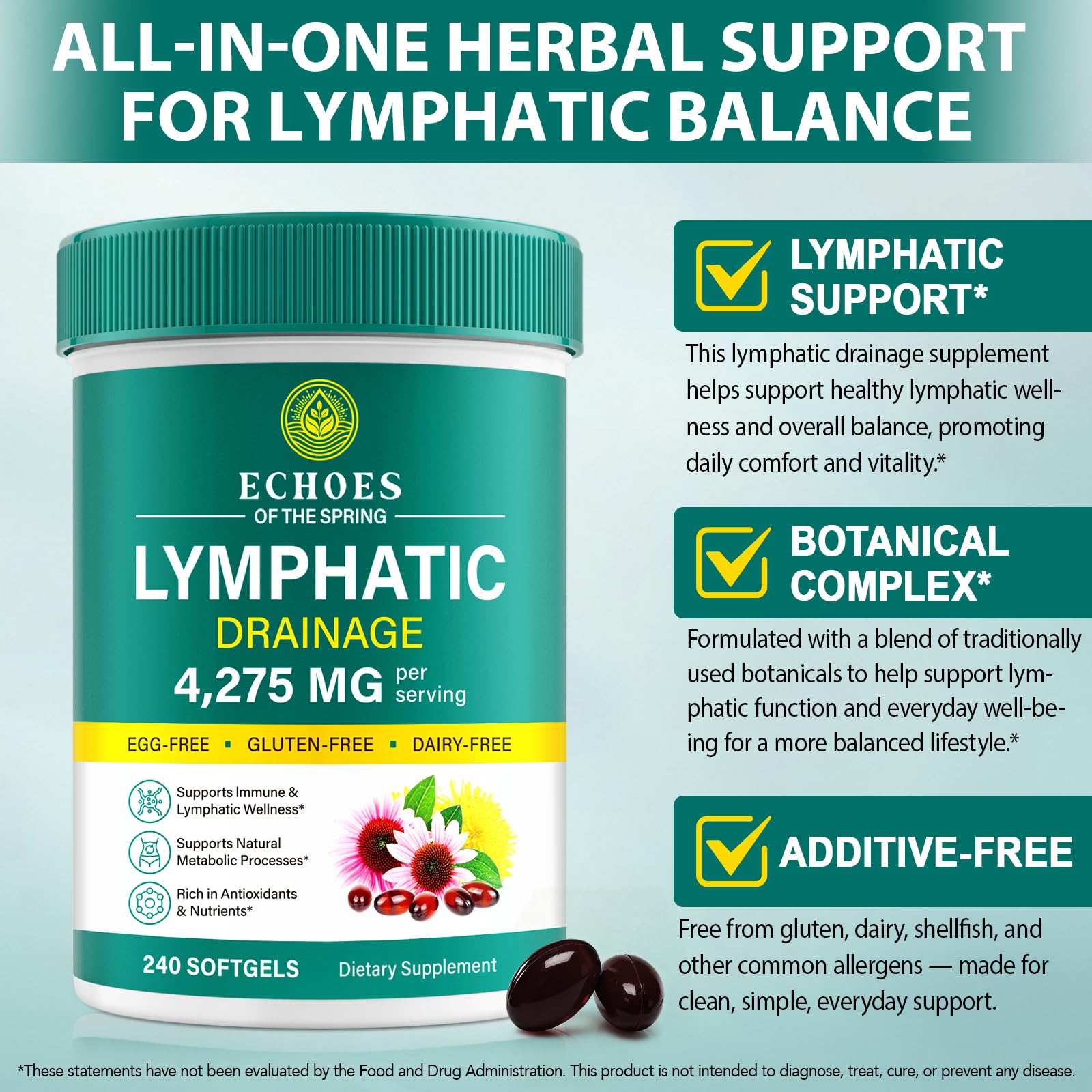 Lymphatic Drainage Supplements, 4275mg Lymph System Support Supplement for Women & Men, Daily Wellness Support, 21-in-1 Herbal Blend with Echinacea, Dandelion, Burdock, Turmeric & More, 240 Softgels Echoes of the spring uk supplements