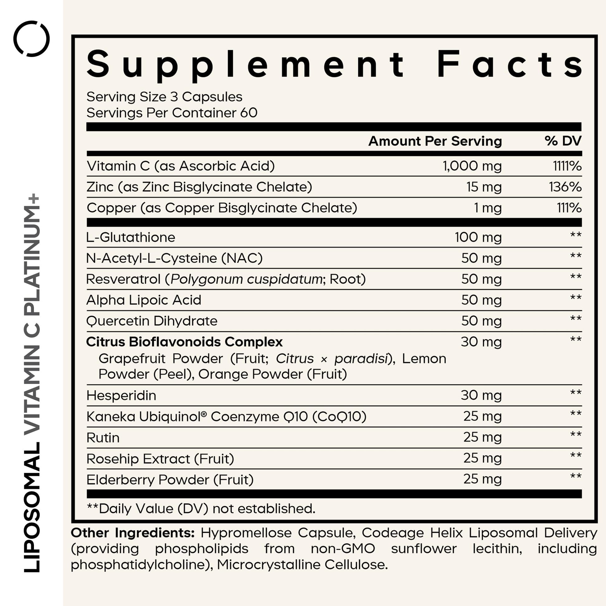 Codeage Liposomal Vitamin C+ Platinum - 1000 Mg Vitamin C Vitamins, Glutathione, NAC (N Acetyl Cysteine), Resveratrol, CoQ10, Rutin, Elderberry, Quercetin, Rosehip, Citrus Bioflavonoids - 180 Capsules Codeage uk supplements