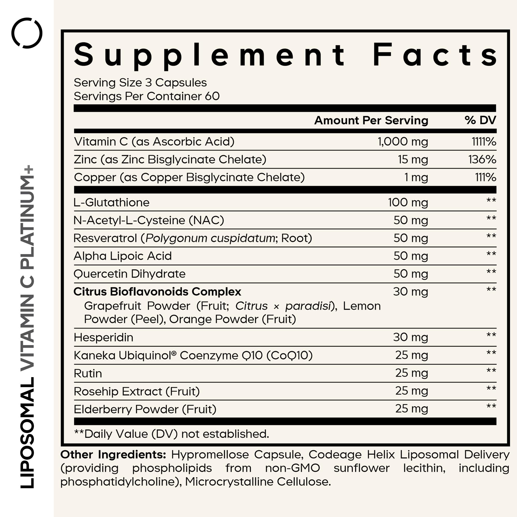 Codeage Liposomal Vitamin C+ Platinum - 1000 Mg Vitamin C Vitamins, Glutathione, NAC (N Acetyl Cysteine), Resveratrol, CoQ10, Rutin, Elderberry, Quercetin, Rosehip, Citrus Bioflavonoids - 180 Capsules Codeage uk supplements