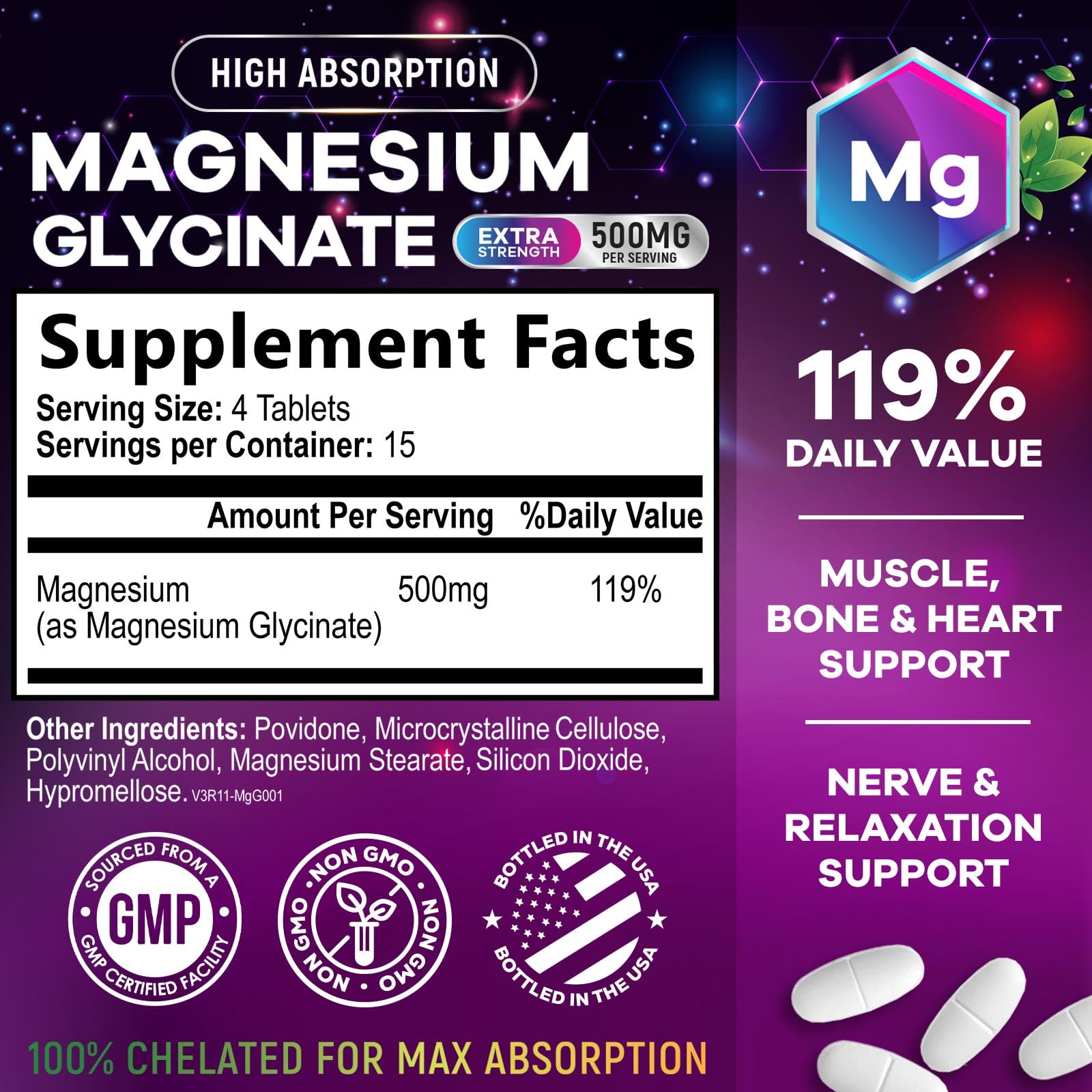 Magnesium Glycinate Supplement - 500mg Magnesium Per Serving - 100% Chelated & Purified - Supports Sleep, Heart Health, & Muscle Strength - Best Absorption Magnesium, Bottled in USA - 60 Tablets Nature's Nutrition uk supplements