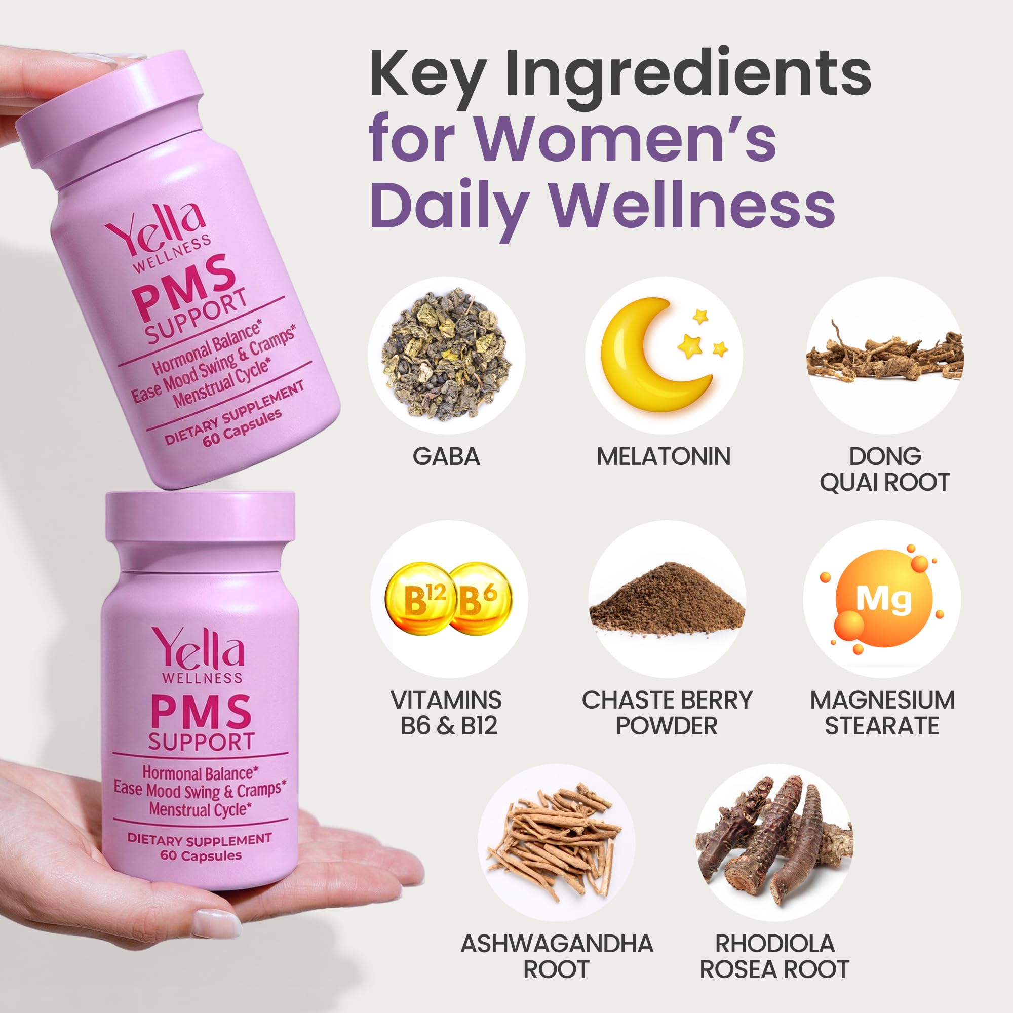 YELLA WELLNESS Hormone Balance for Women - PMS Support Supplement for Women w/Chaste Tree, Dong Quai and Ashwagandha- PMS and Menopause Relief for Bloating, Cramps and Mood Swings- (60ct) YELLA WELLNESS uk supplements