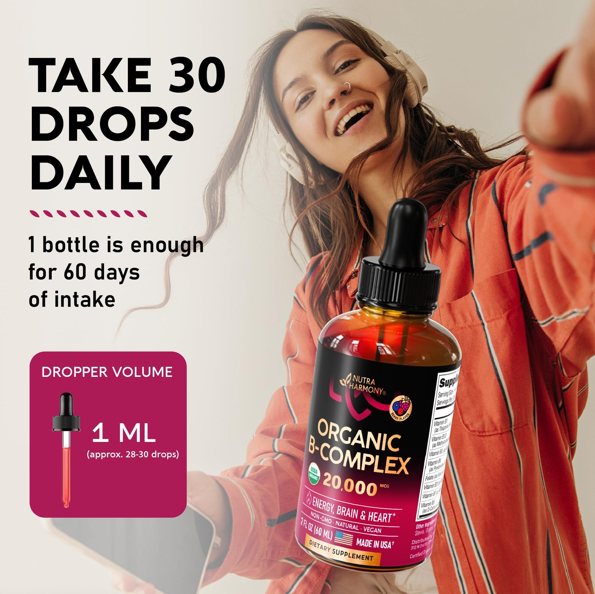 USDA Organic Vitamin B Complex Liquid Drops - 8-in-1 B Complex Vitamins: B1, B2, B3, B5 NUTRAHARMONY uk supplements