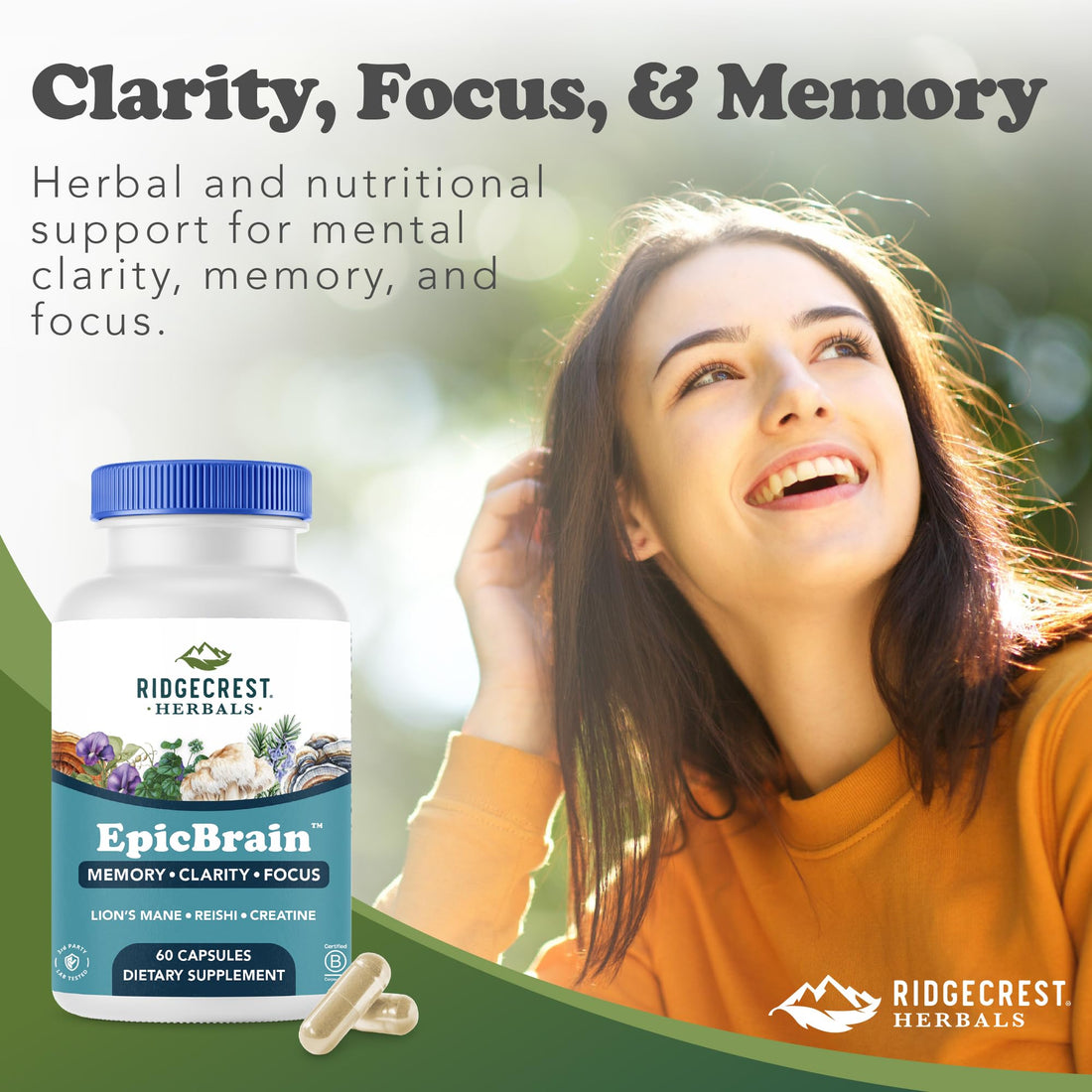 RidgeCrest Herbals EpicBrain, Natural Brain Support Supplement with Creatine Monohydrate, Lion's Mane, Reishi, Supports Mental Clarity, Memory, Focus, Stimulant-Free Nootropic (60 Count, 30 Servings) RidgeCrest Herbals uk supplements