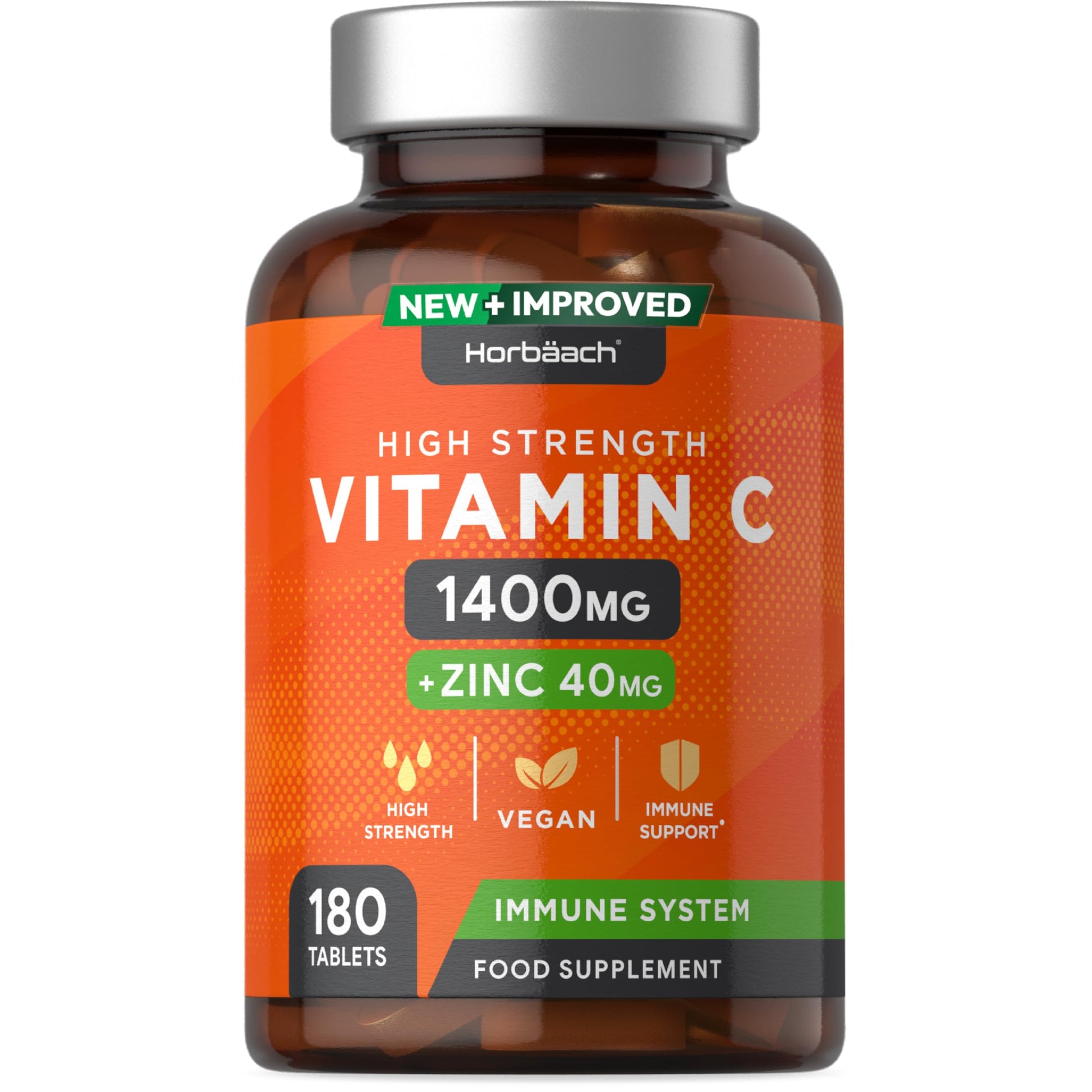 Vitamin C and Zinc | 180 Vegan Tablets | High Strength Vitamin C 1400mg and Zinc 40mg Horbäach uk supplements