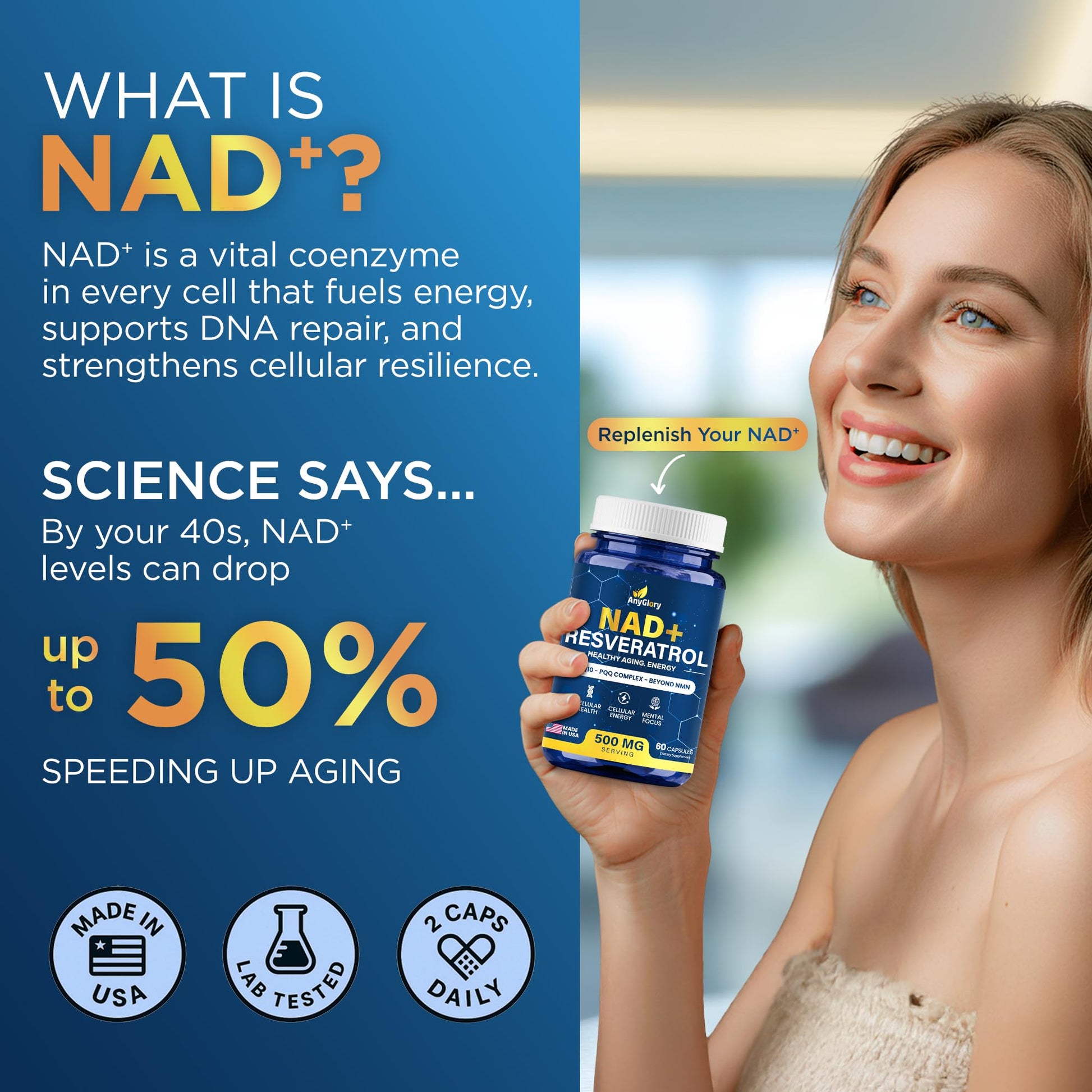 Anyglory NAD+ Supplement with 500mg NR, Resveratrol, CoQ10, PQQ- 5-in-1 NAD Formula |NMN Supplement Alternative|NAD Resveratrol Support Cellular Energy & Healthy Aging-Made in USA-60 Capsules Anyglory uk supplements
