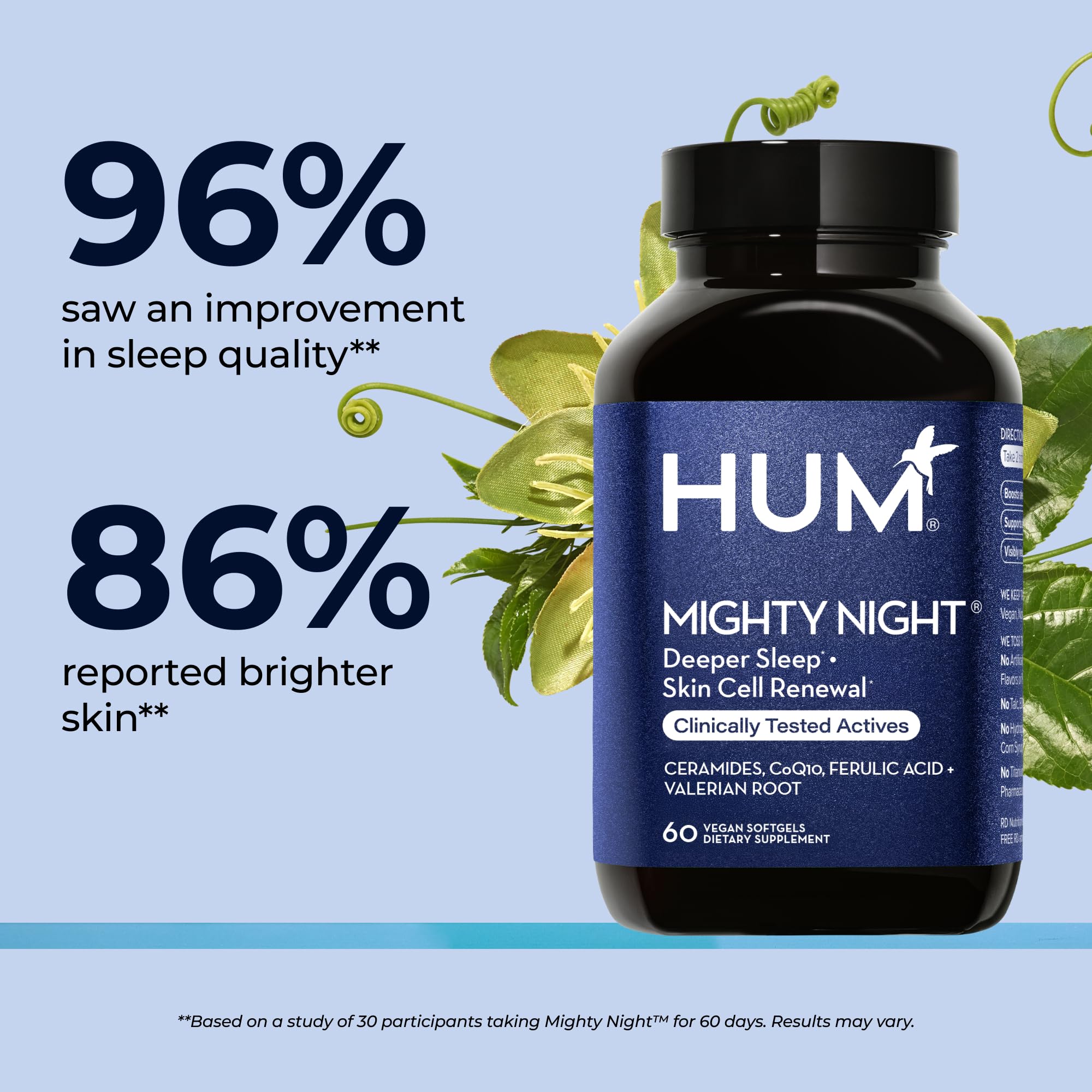 HUM Mighty Night Nighttime Sleep Supplement for Skin Care, CoQ10, Valerian Root & Ferulic Acid to Support Cell Turnover, Skin Vitamins for Women and Men, Overnight Beauty Vitamins, 60 Vegan Softgels HUM uk supplements