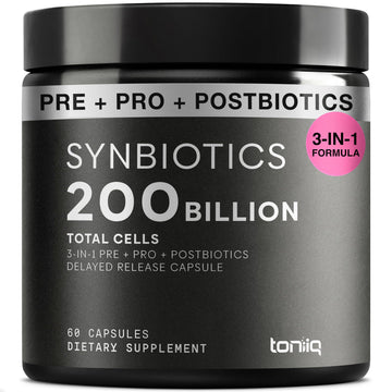 Toniiq Prebiotics and Probiotics – 200B TFU with Postbiotics IMMUSE® & ButyraGen® – 30 Strains – Shelf-Stable Synbiotic Formula – Third-Party Tested – 60 Capsules Toniiq uk supplements
