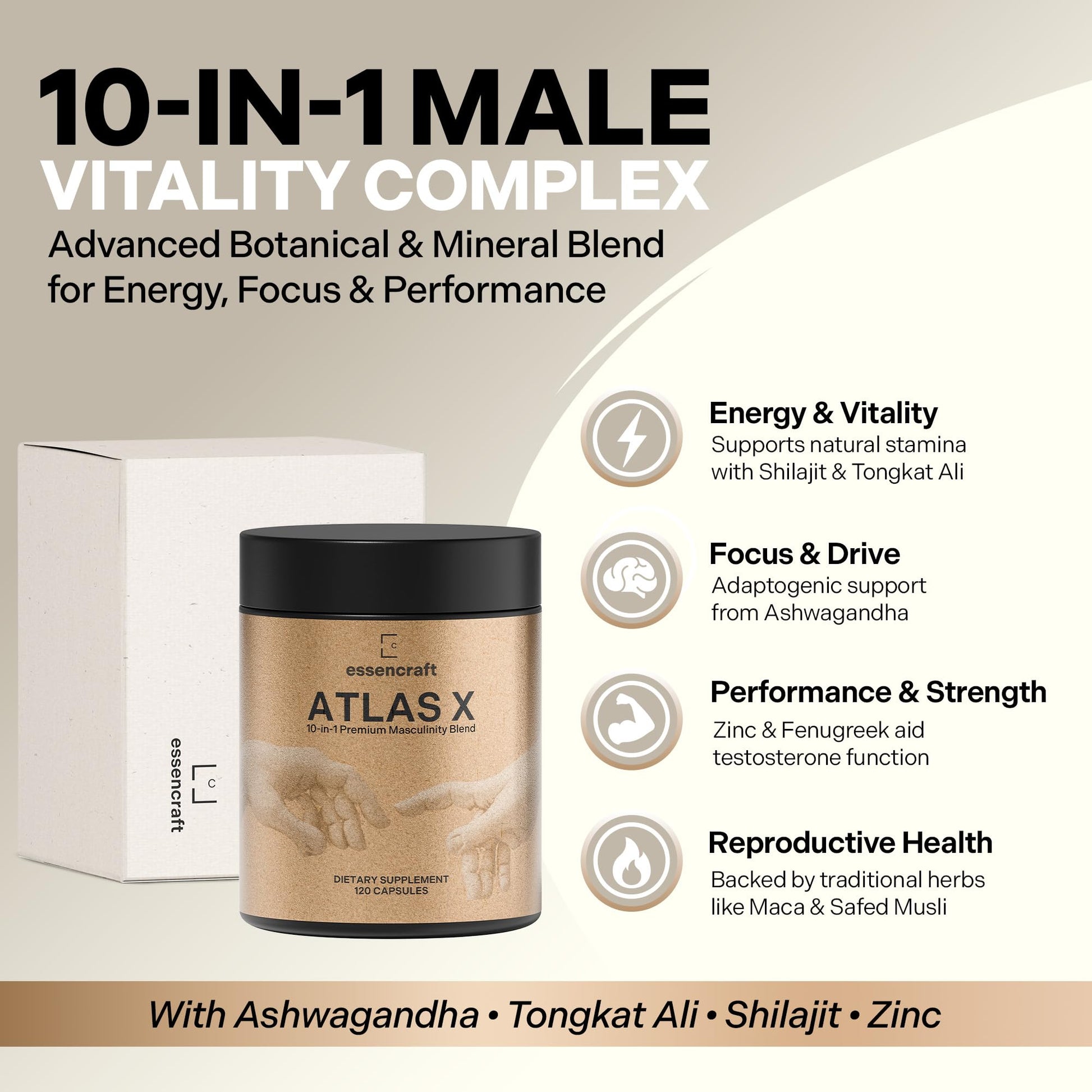 Essencraft Atlas X Testosterone Supplement for Men – 10-in-1 Natural Testosterone Booster & Muscle Booster w/Shilajit, Zinc, Tongkat Ali, & More (120 Capsules) Essencraft uk supplements