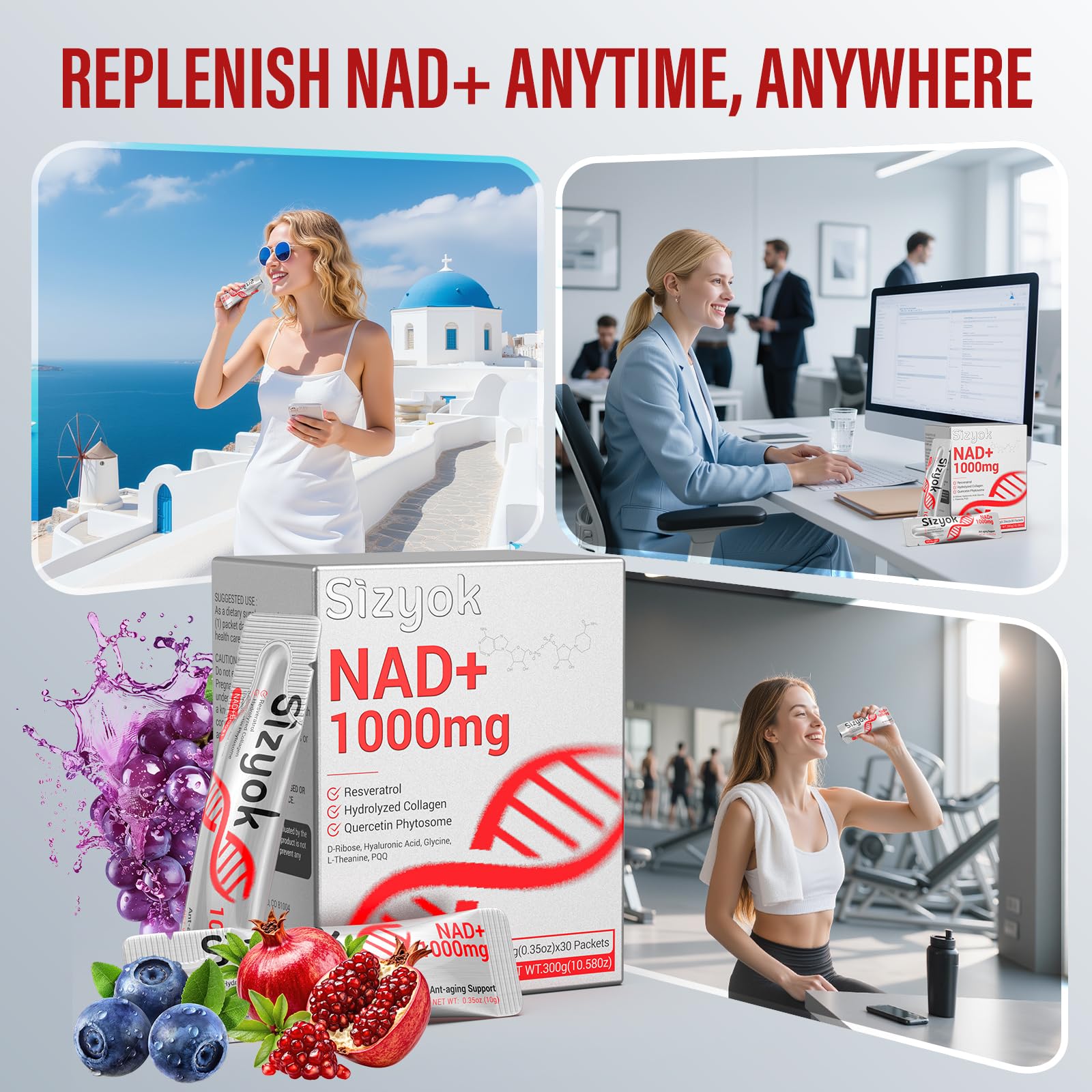 NAD+ Supplement 1000mg Liquid - High Absorption NAD+ with Trans Resveratrol 2000mg, Collagen & Hyaluronic Acid, Anti-Aging Energy Support for Women, Cellular Health & Longevity Boost Sizyok uk supplements