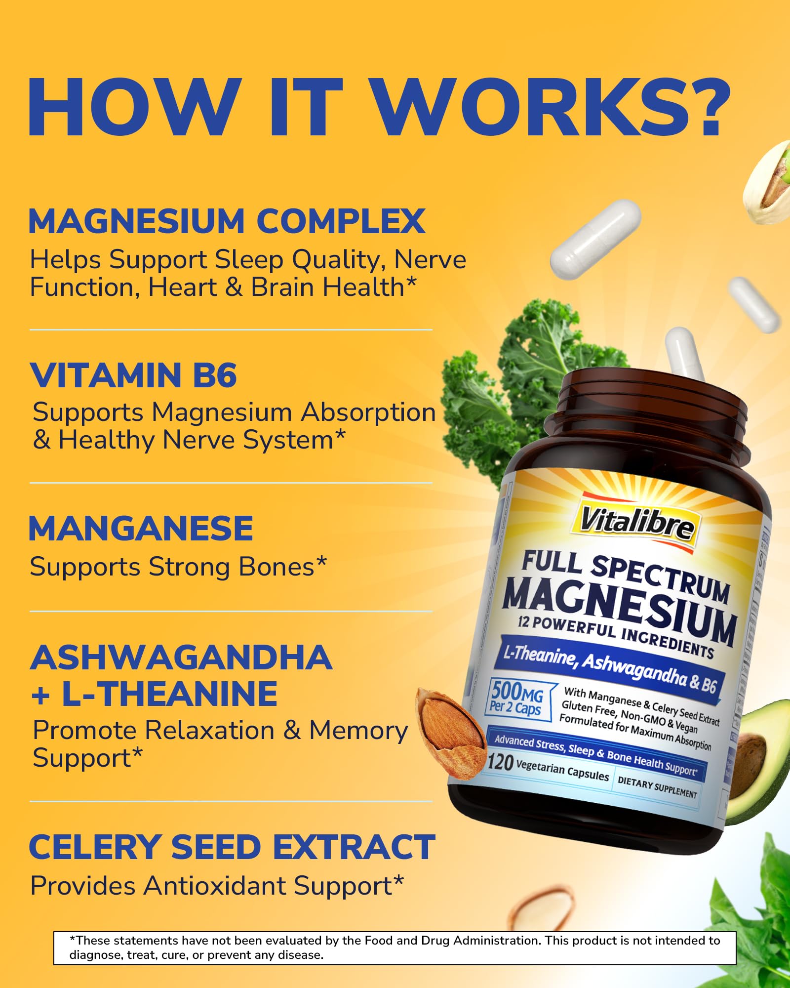 Vitalibre Magnesium Complex Supplement 500mg + Ashwagandha, L-Theanine, Vitamin B6 & Celery, High Absorption Magnesium Glycinate, Citrate, Malate, Sleep & Bone Support, 120 Vegan Capsules Vitalibre uk supplements