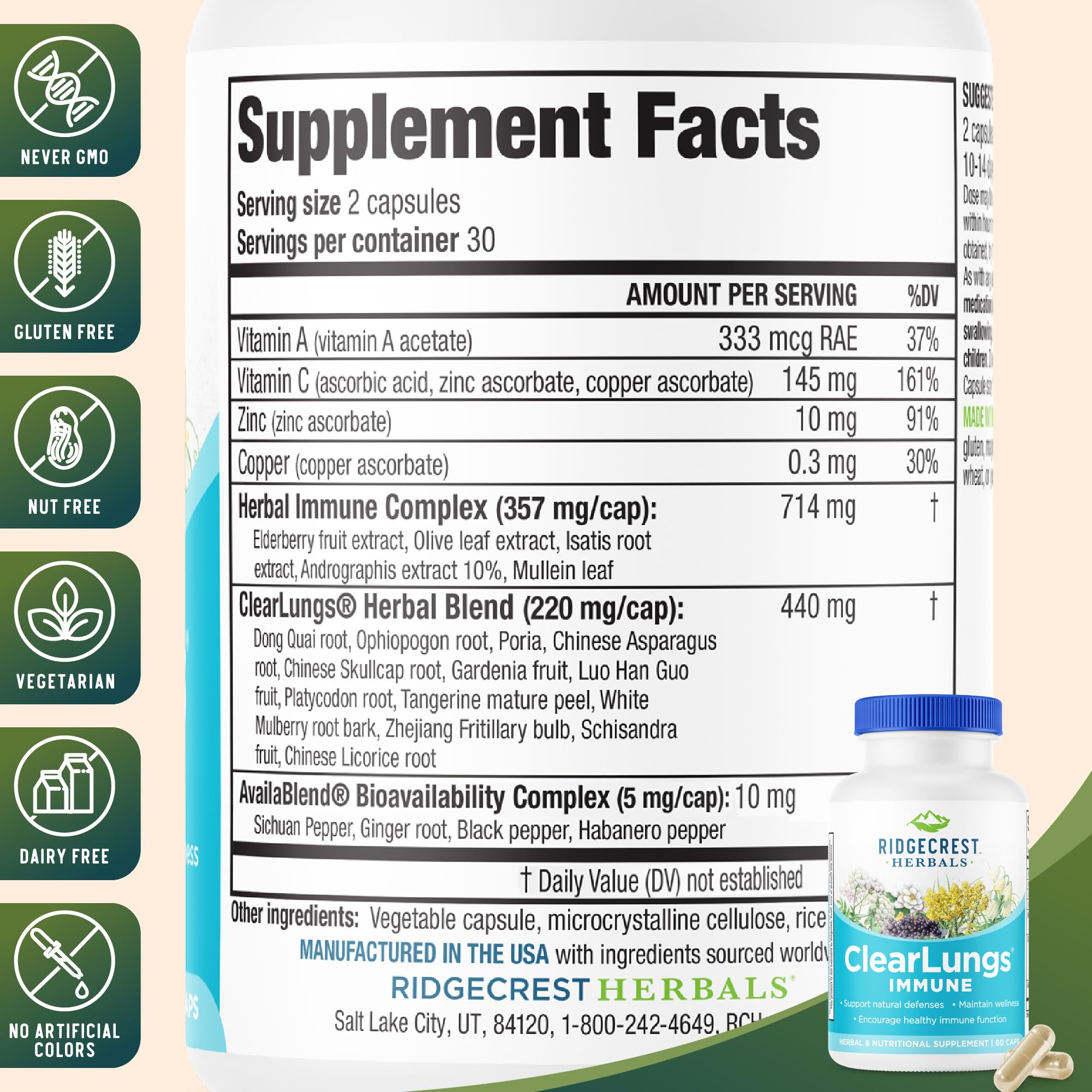 RidgeCrest Herbals ClearLungs Immune, Lung Support Supplement with Elderberry, Zinc, Vitamin C, Vitamin A, Olive Leaf, Mullein, Lung Wellness Formula for Respiratory Health (60 Vegan Caps, 30 Serv) RidgeCrest Herbals uk supplements