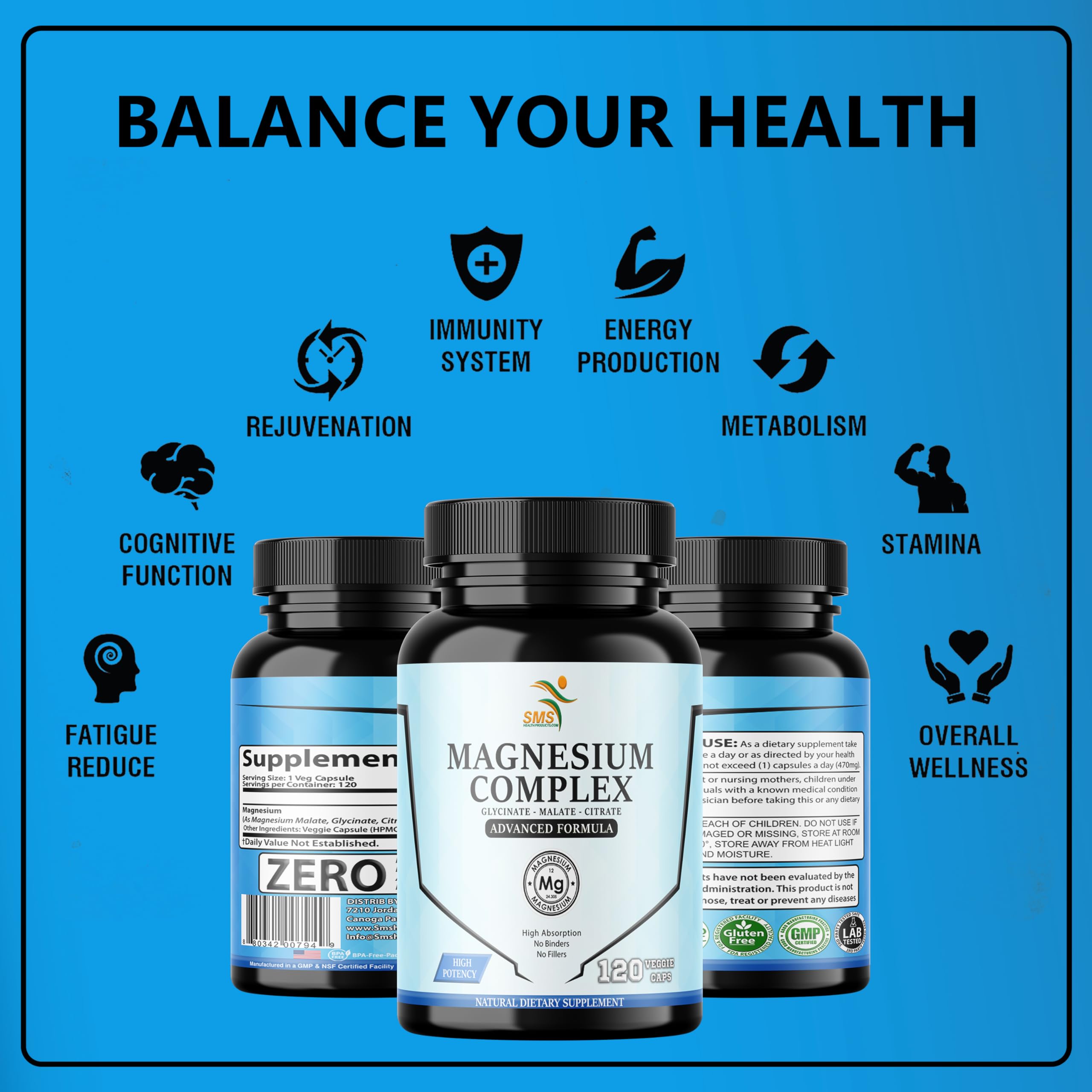 SMSHEALTHPRODUCTS.com Magnesium Complex | 470mg of Magnesium Glycinate, Malate, & Citrate for Muscles, Nerves, & Energy | High Absorption | Vegan, Non-GMO | 120 Capsules SMSHEALTHPRODUCTS.com uk supplements