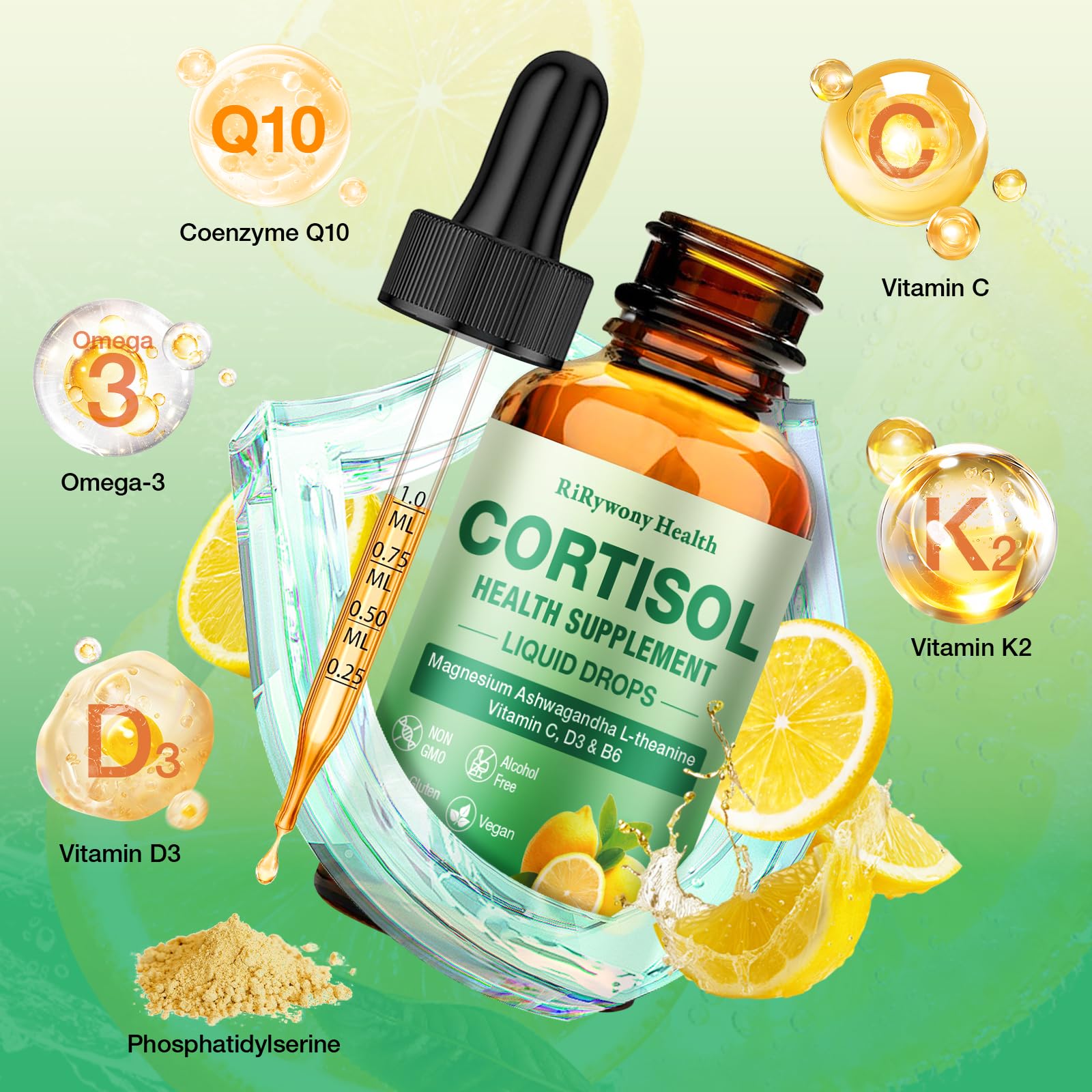 Cortisol Supplement for Women & Men - Cortisol Detox Reducer Magnesium Glycinate, Ashwagandha, L-Theanine, Phosphatidylserine - Hormone Balance for Calm Mood Focus Sleep (2 FL.OZ Lemon) RiRywony Health uk supplements