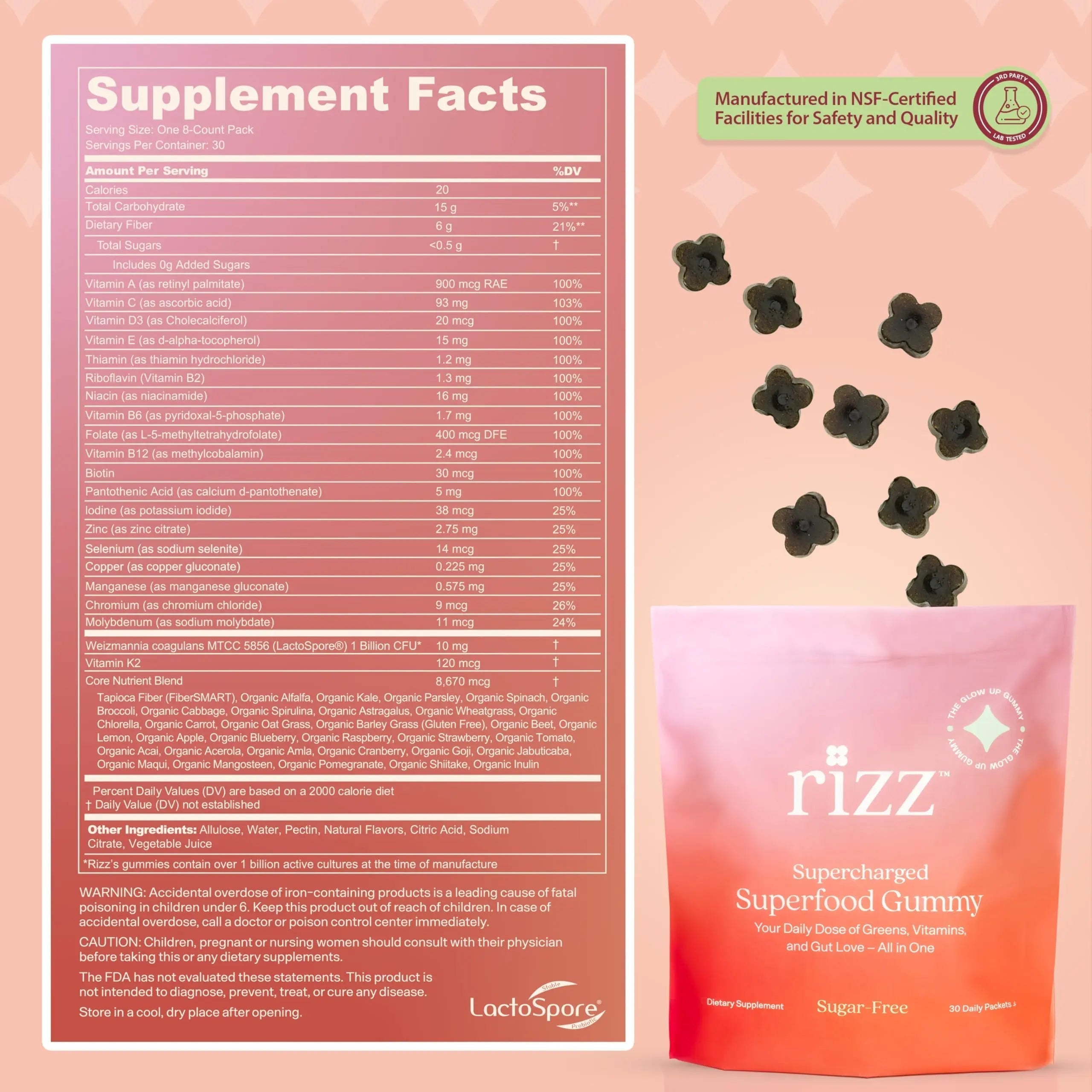 Rizz Sugar-Free Green Gummies - 60+ Superfoods 6g Fiber - Prebiotic and Probiotic Gummies - Vegan Multivitamins for Women & Men Rizz uk supplements