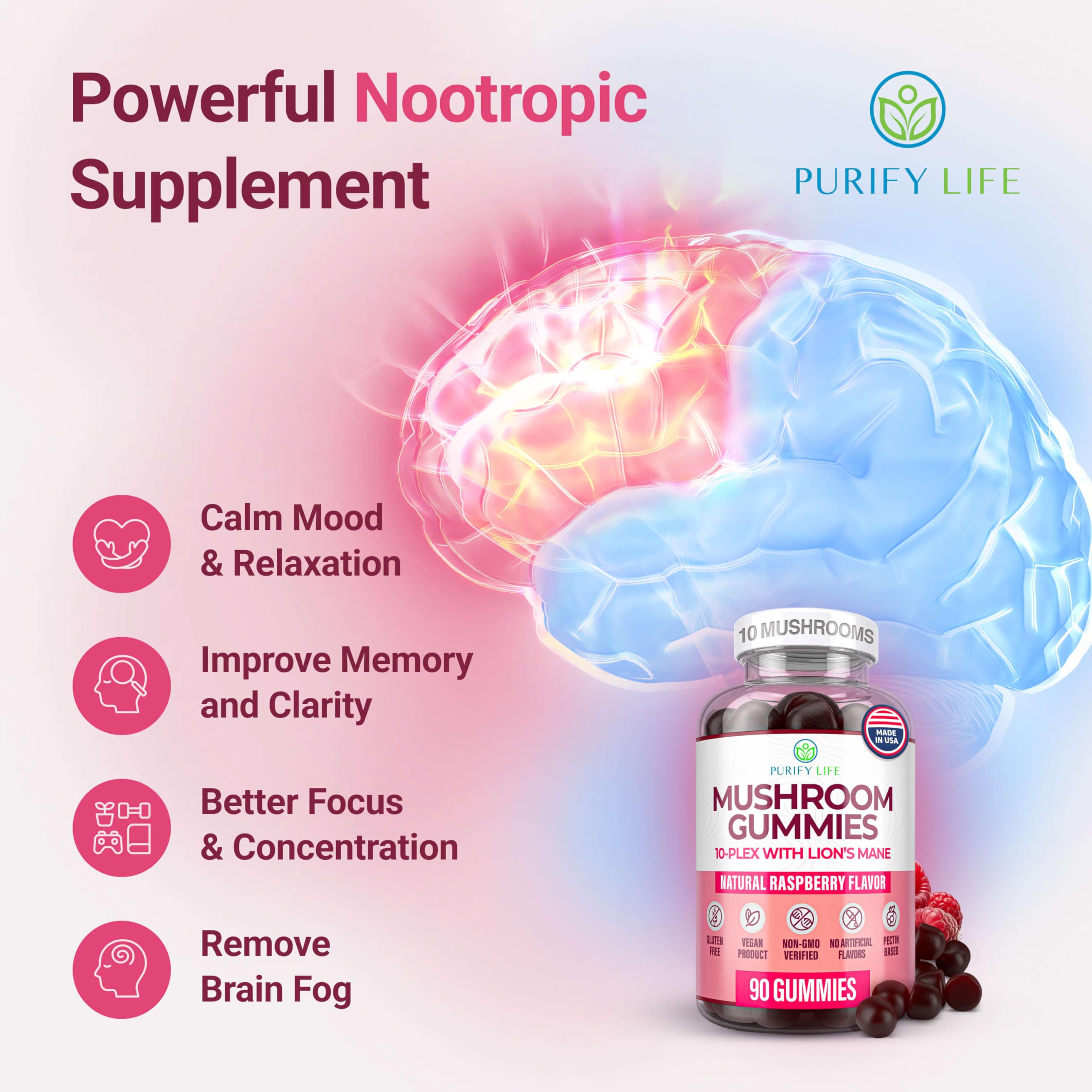 World's First Mushroom Complex Gummies with Lions Mane, Immune Support & Stress Relief, Nootropic Mushroom Supplement for Adults & Children (90 Chews 2500mg/serving) Purify Life uk supplements