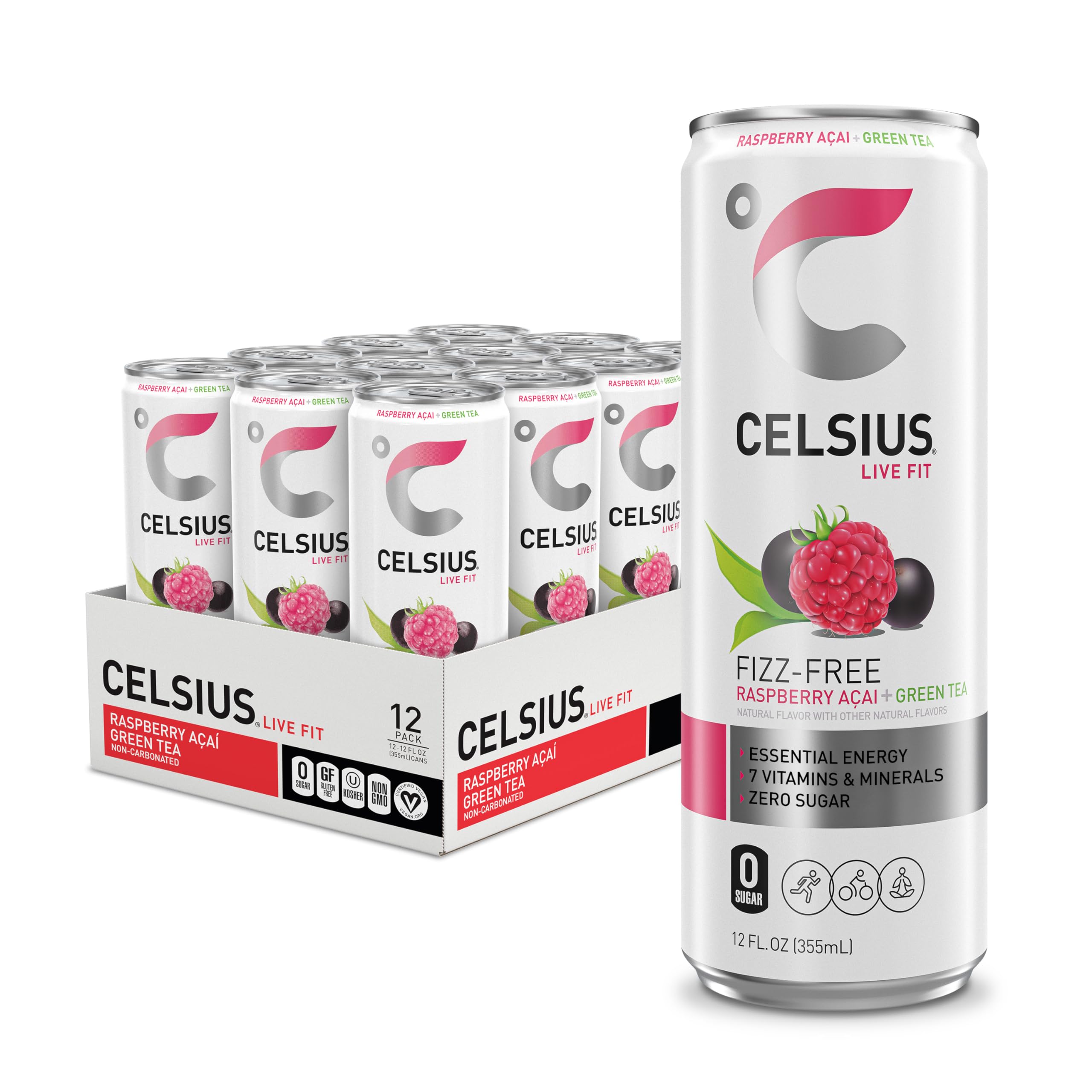 CELSIUS Raspberry Acai Green Tea, Functional Essential Energy Drink 12 Fl Oz (Pack of 12) Packaging may vary CELSIUS uk supplements