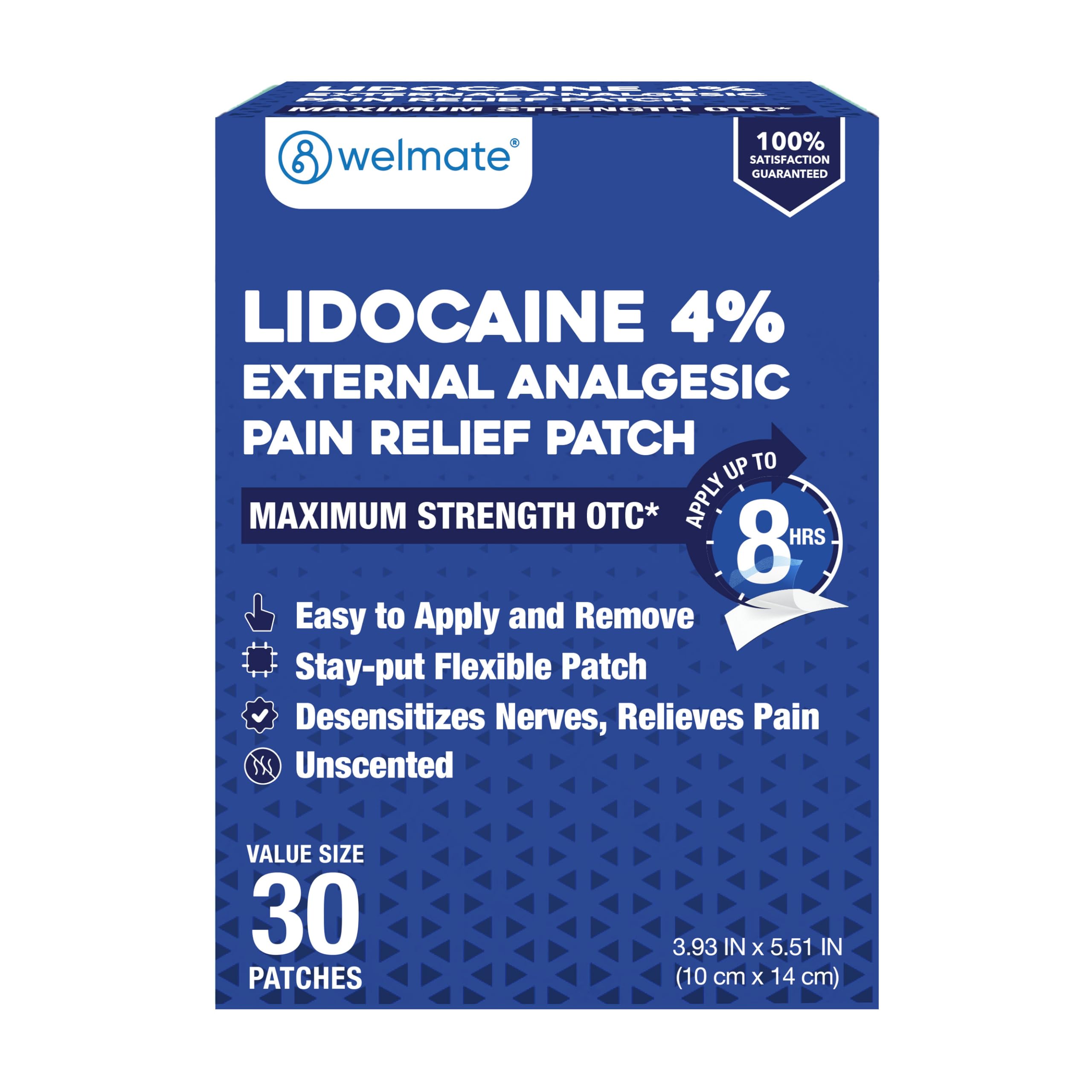 WELMATE - 4% Lidocaine Numbing Patch - Maximum Strength - Temporary Relief of Pain, Back, Neck, Shoulders, Knees, Elbows, Minor Skin Irritations - Topical Analgesic Unscented - 30 ct WELMATE uk supplements