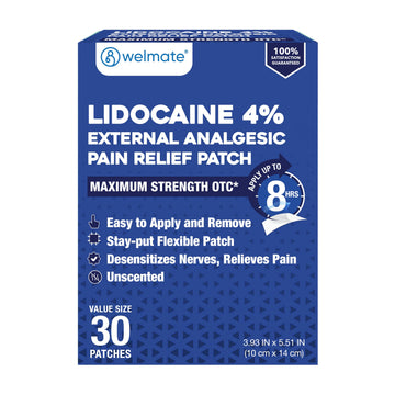 WELMATE - 4% Lidocaine Numbing Patch - Maximum Strength - Temporary Relief of Pain, Back, Neck, Shoulders, Knees, Elbows, Minor Skin Irritations - Topical Analgesic Unscented - 30 ct WELMATE uk supplements