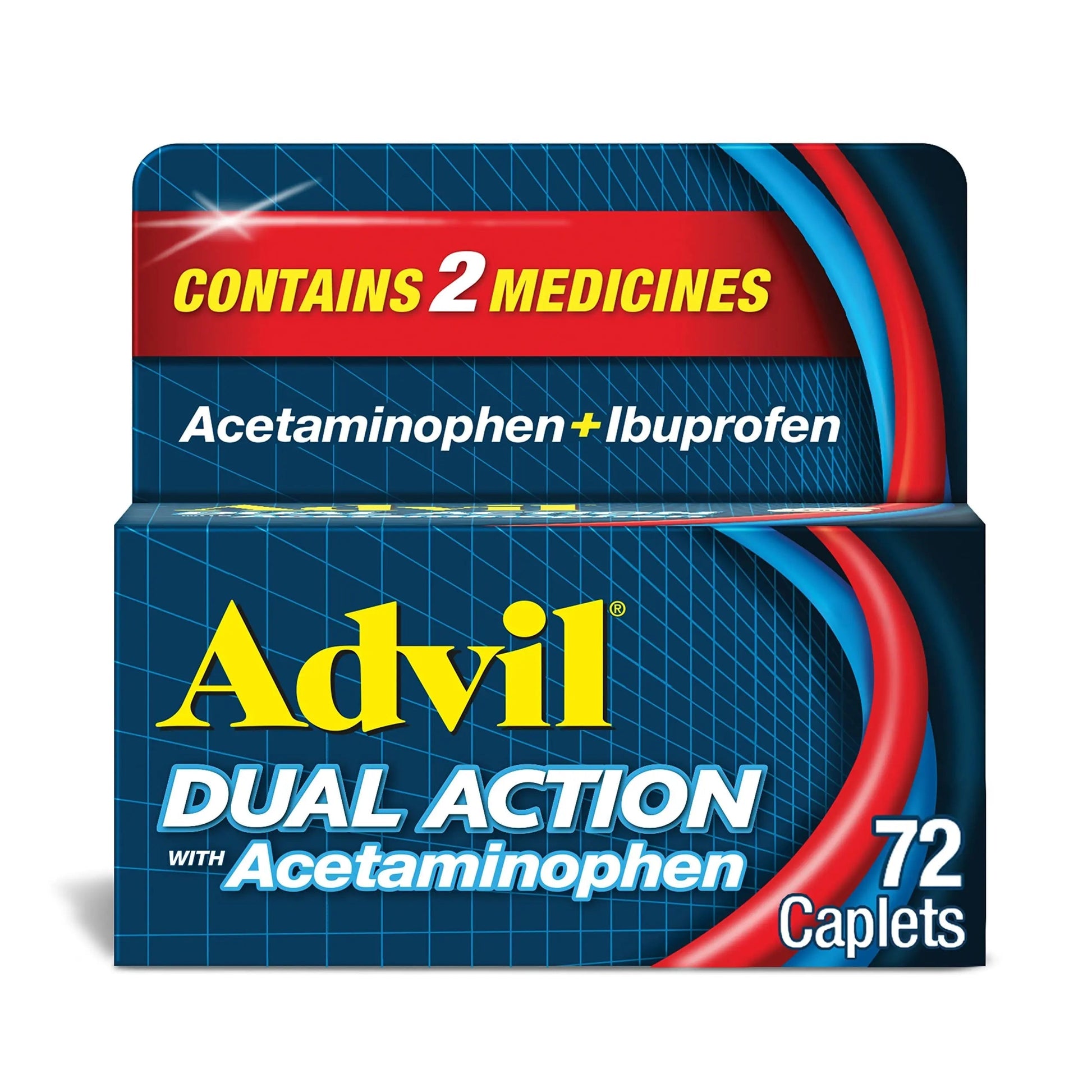 Advil Dual Action Coated Caplets with Acetaminophen, 250 Mg Ibuprofen and 500 Mg Acetaminophen Per Dose (2 Dose Equivalent) for 8 Hour Pain Relief - 72 Count Advil uk supplements