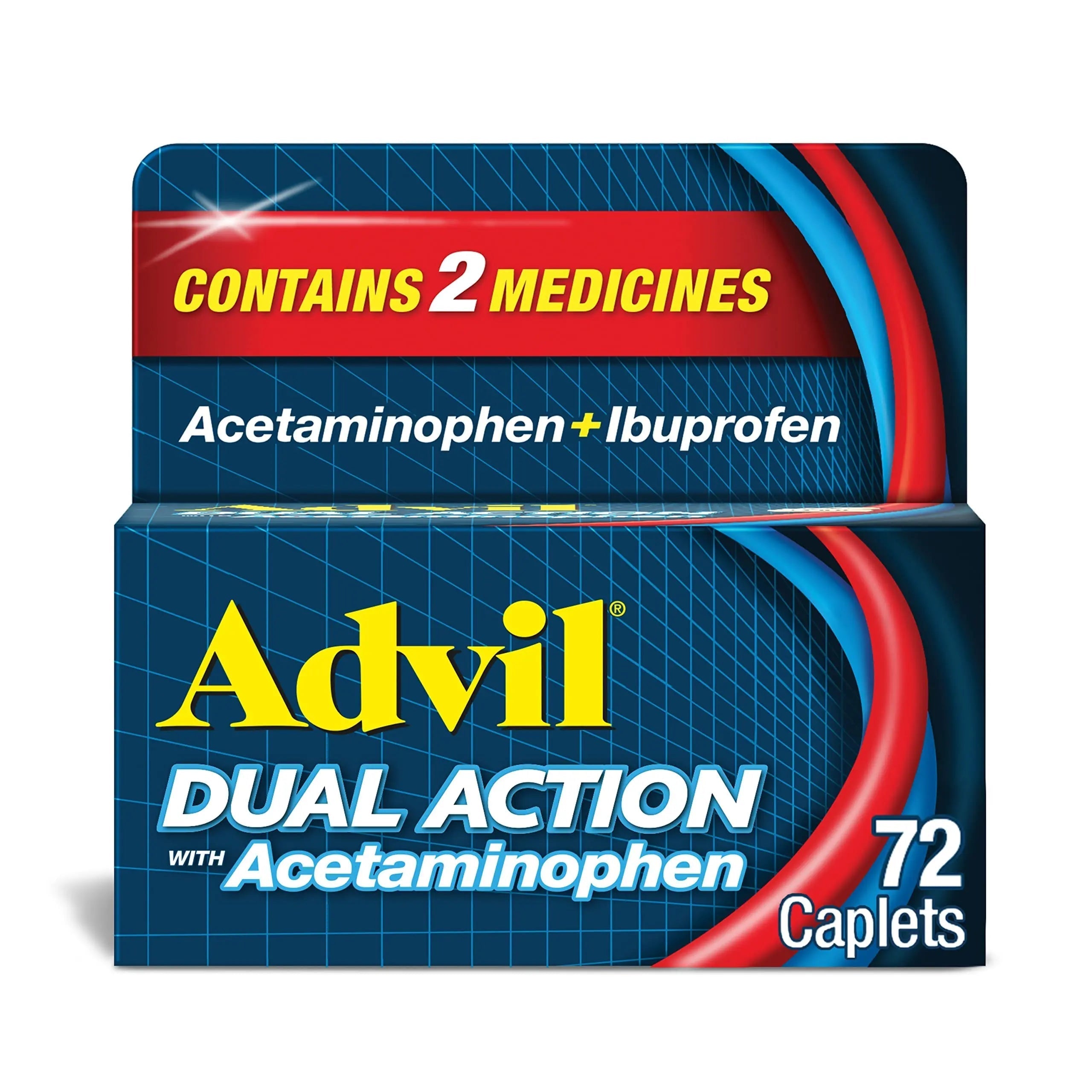 Advil Dual Action Coated Caplets with Acetaminophen, 250 Mg Ibuprofen and 500 Mg Acetaminophen Per Dose (2 Dose Equivalent) for 8 Hour Pain Relief - 72 Count Advil uk supplements