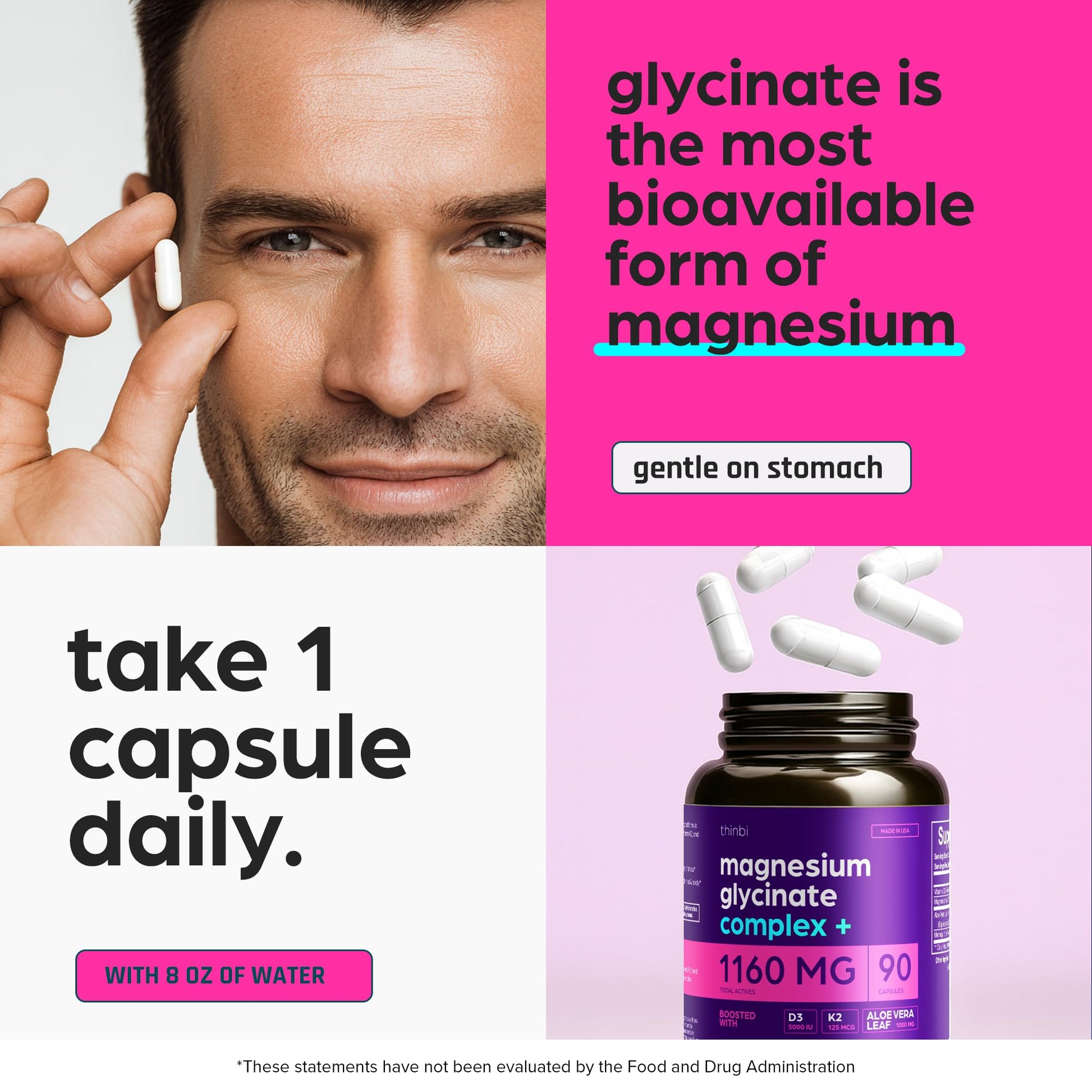Magnesium Glycinate 1160mg + Aloe Vera, D3 & K2 Complex 90 Capsules - High Absorption, Non-Laxative - Supports, Muscle Function & Healthy Metabolism Chelated Formula Thinbi uk supplements