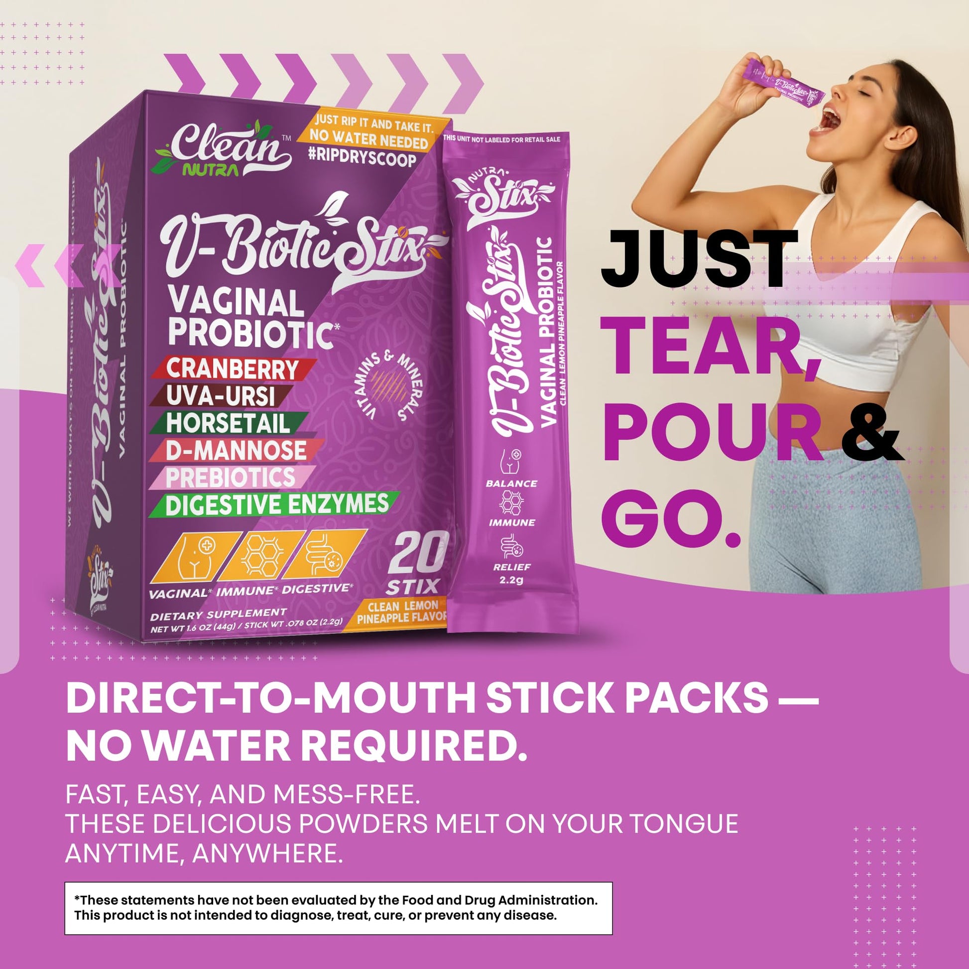 Clean Nutraceuticals Vaginal Probiotics for Women with Cranberry Extract, D-Mannose, Prebiotics, pH Balance for Women, Vaginal Health – Womens Probiotic Alternative to Gummies - 20 Stix Clean Nutraceuticals uk supplements