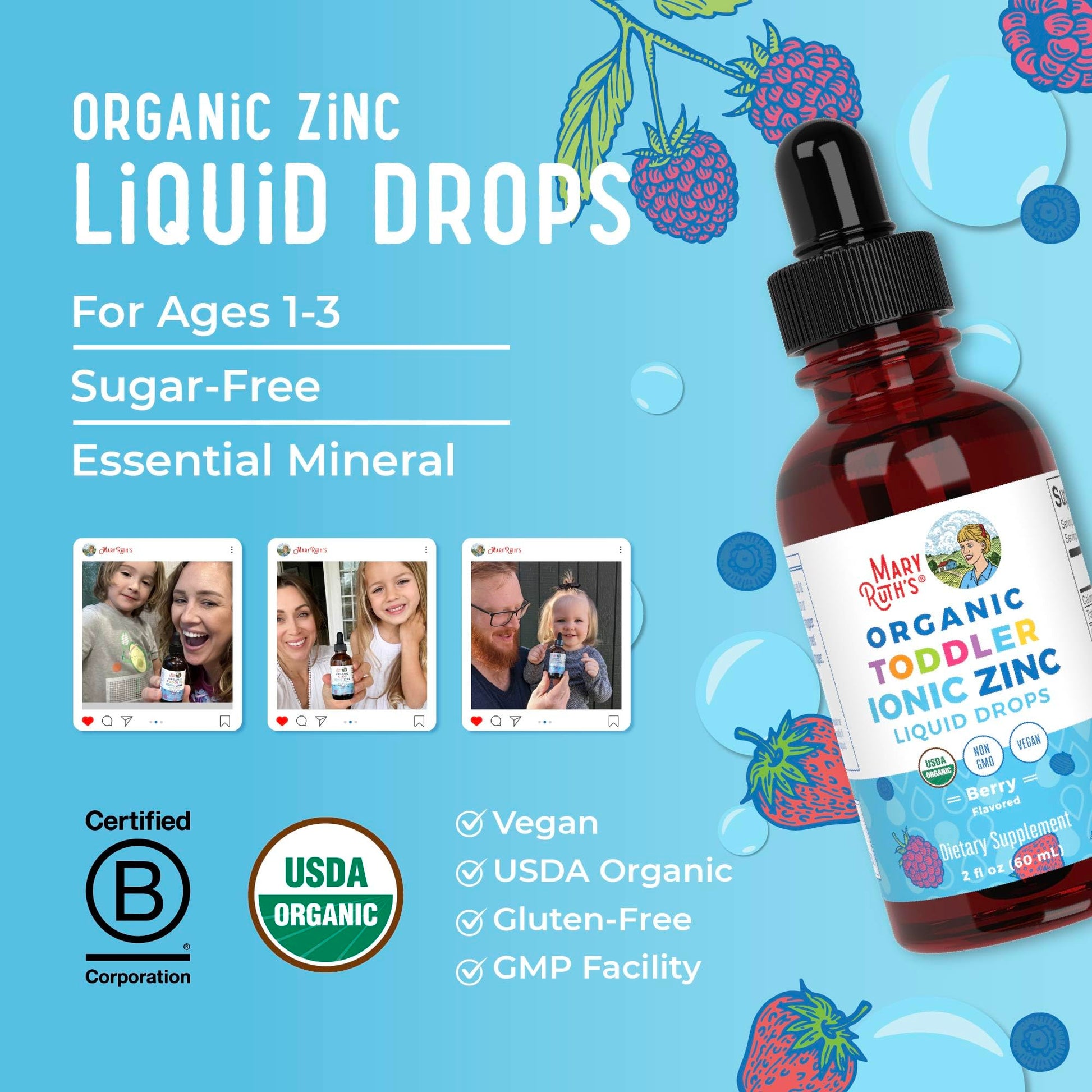 MaryRuth Organics USDA Toddler Liquid Drops | Zinc Sulfate | Immune Support Supplement| Skin Health | Vegan | Formulated for Ages 1-3 | Delicious Berry Flavor | 1 Month Supply | 2 Fl Oz MARYRUTH'S uk supplements