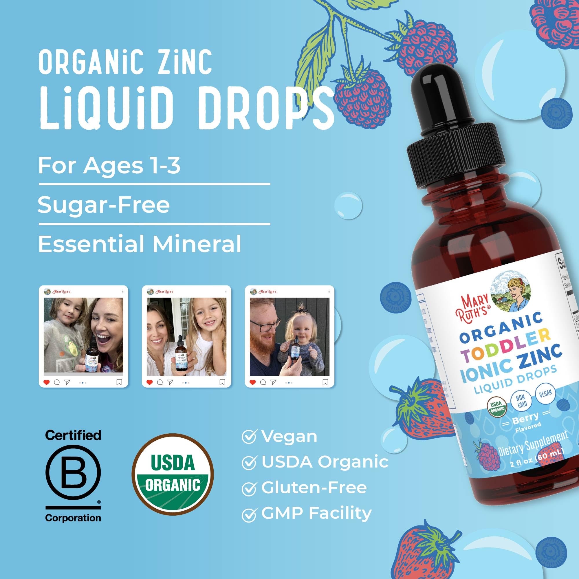 MaryRuth Organics USDA Toddler Liquid Drops | Zinc Sulfate | Immune Support Supplement| Skin Health | Vegan | Formulated for Ages 1-3 | Delicious Berry Flavor | 1 Month Supply | 2 Fl Oz MARYRUTH'S uk supplements