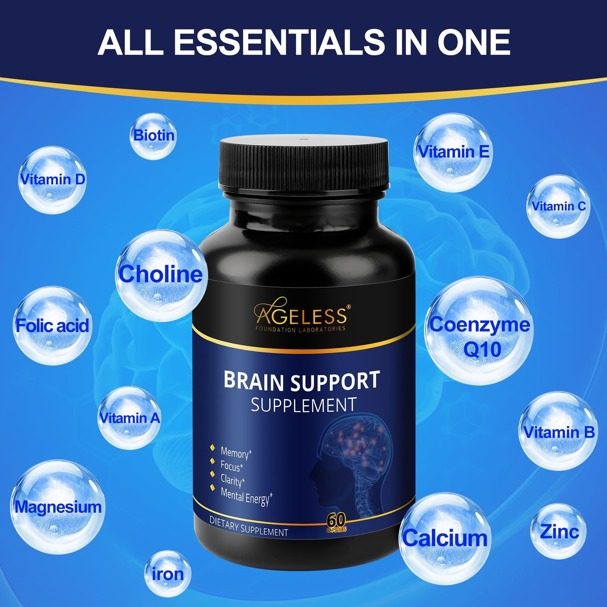 Ageless Brain Supplements for Memory and Focus 1000 MG | Cognitive Improvement | Formulated with Clinically Studied Ingredients | Support Mental Clarity & Neuro Health | Vitamin B6, B12, 60 Capsules Ageless Foundation Laboratories uk supplements