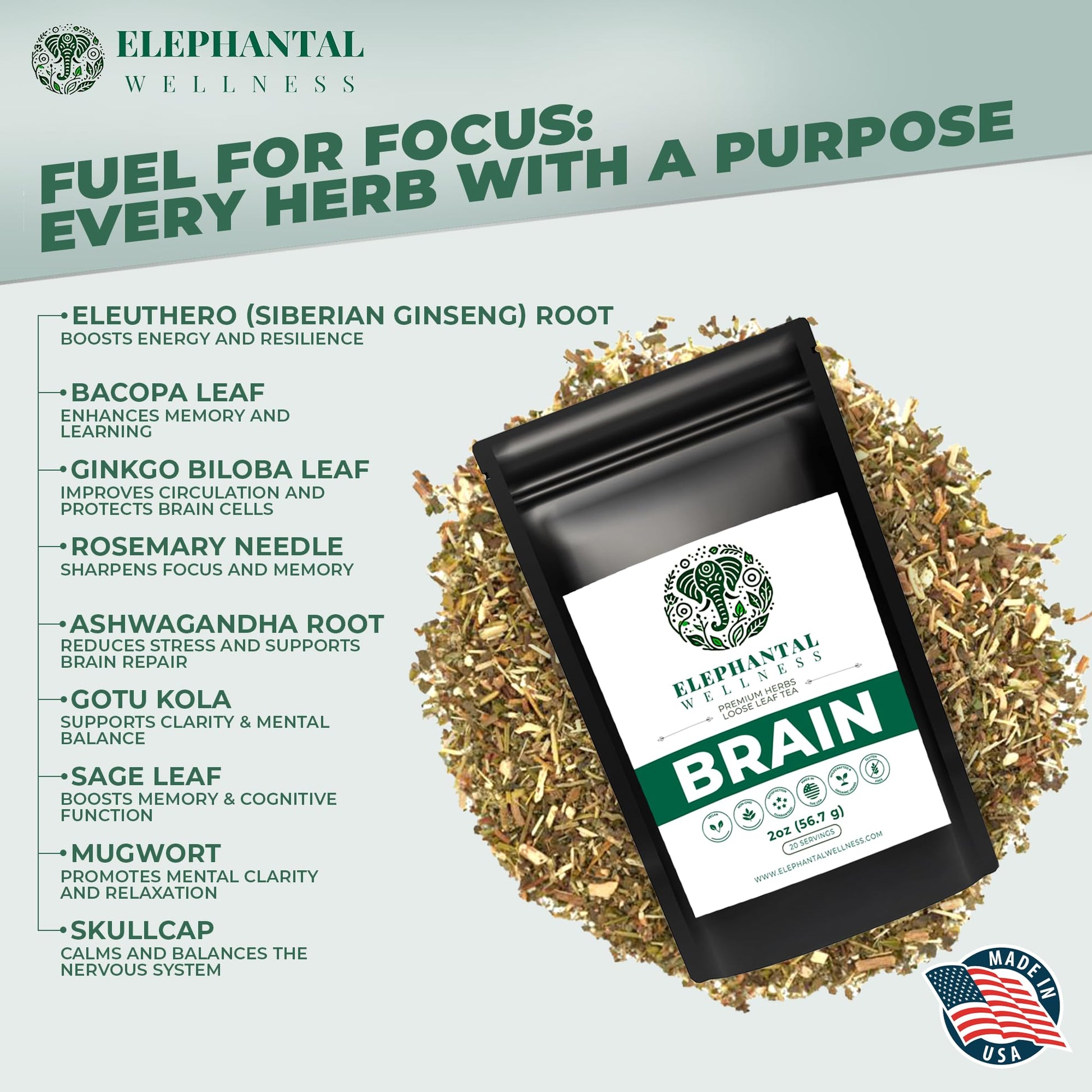 Elephantal Wellness Premium Brain Herbal Tea | Nootropic Focus & Mental Clarity with Ginkgo, Bacopa, Gotu Kola & Rosemary | Non-GMO, Caffeine-Free Coffee Alternative, Handmade Loose Leaf Blend, 2oz Loose Leaf, 20 Servings Elephantal Wellness uk supplements