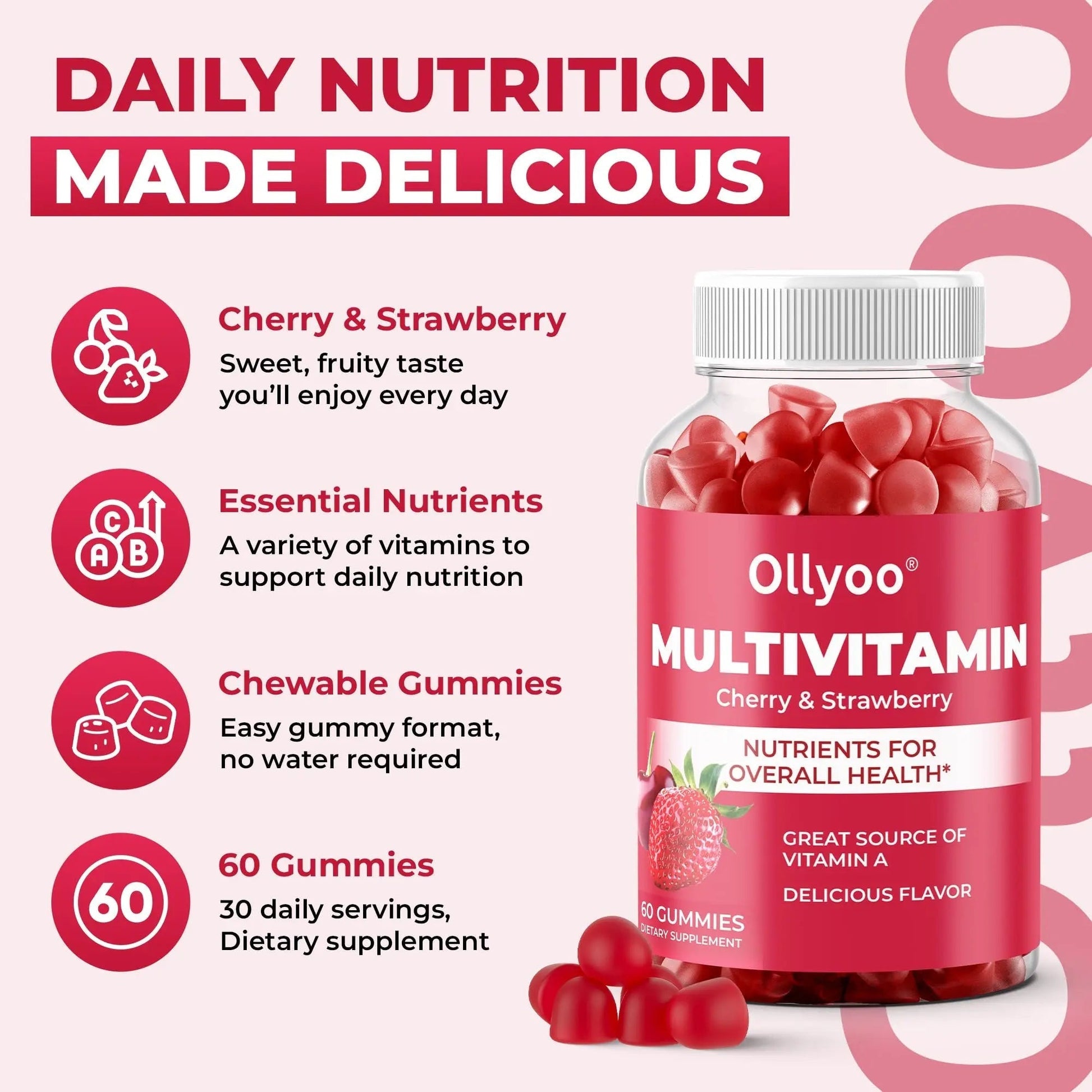 Ollyoo Multivitamin Gummies for Adults | Cherry & Strawberry Flavor | Great Source of Vitamin A & Essential Nutrients | Ollyoo uk supplements