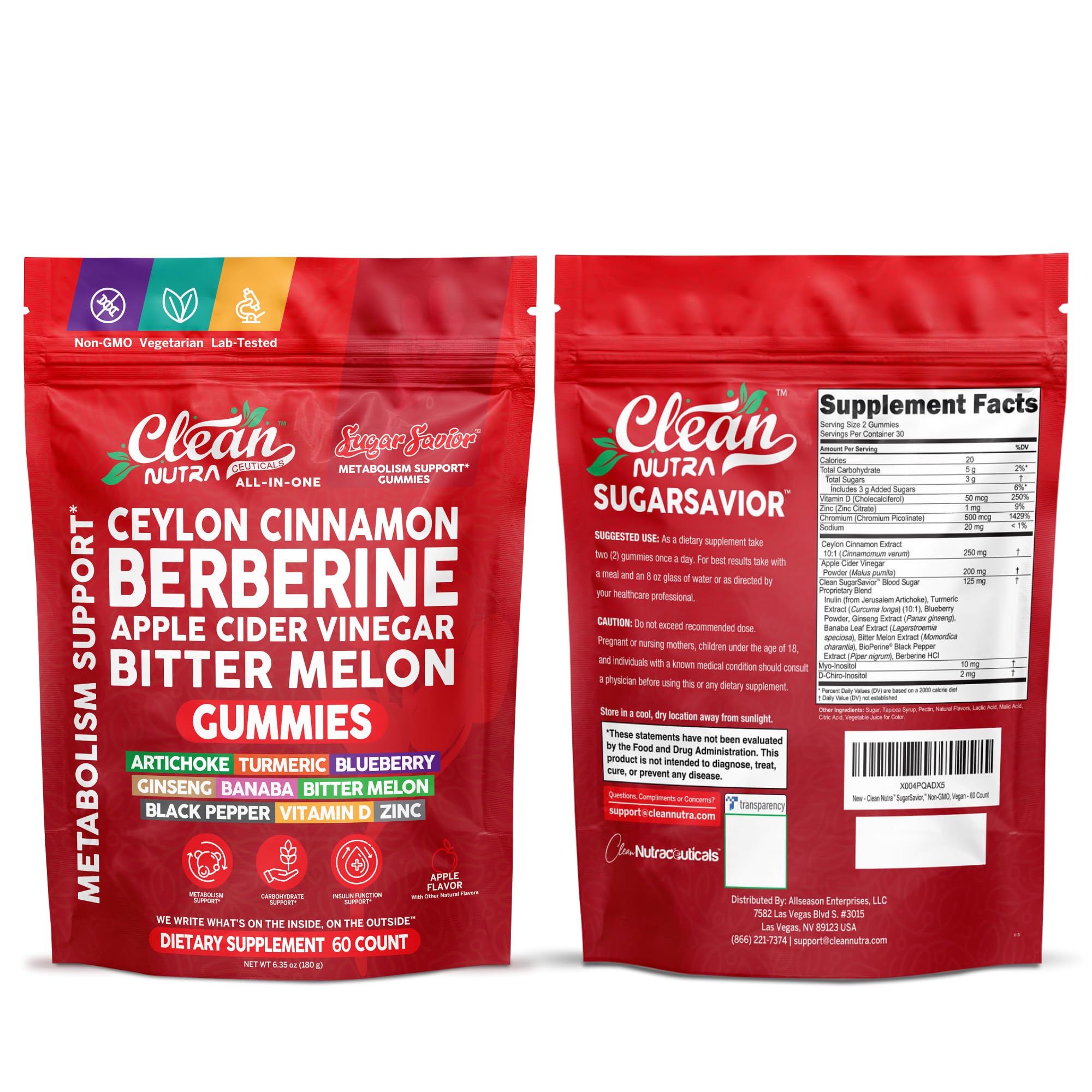 Sugar Savior Ceylon Cinnamon Berberine Gummies Apple Cider Vinegar Artichoke Turmeric Blueberry Ginseng Banaba Bitter Melon Black Pepper Vitamin D Zinc GLP1 Gummies 60 Count by Clean Nutra Clean Nutraceuticals uk supplements