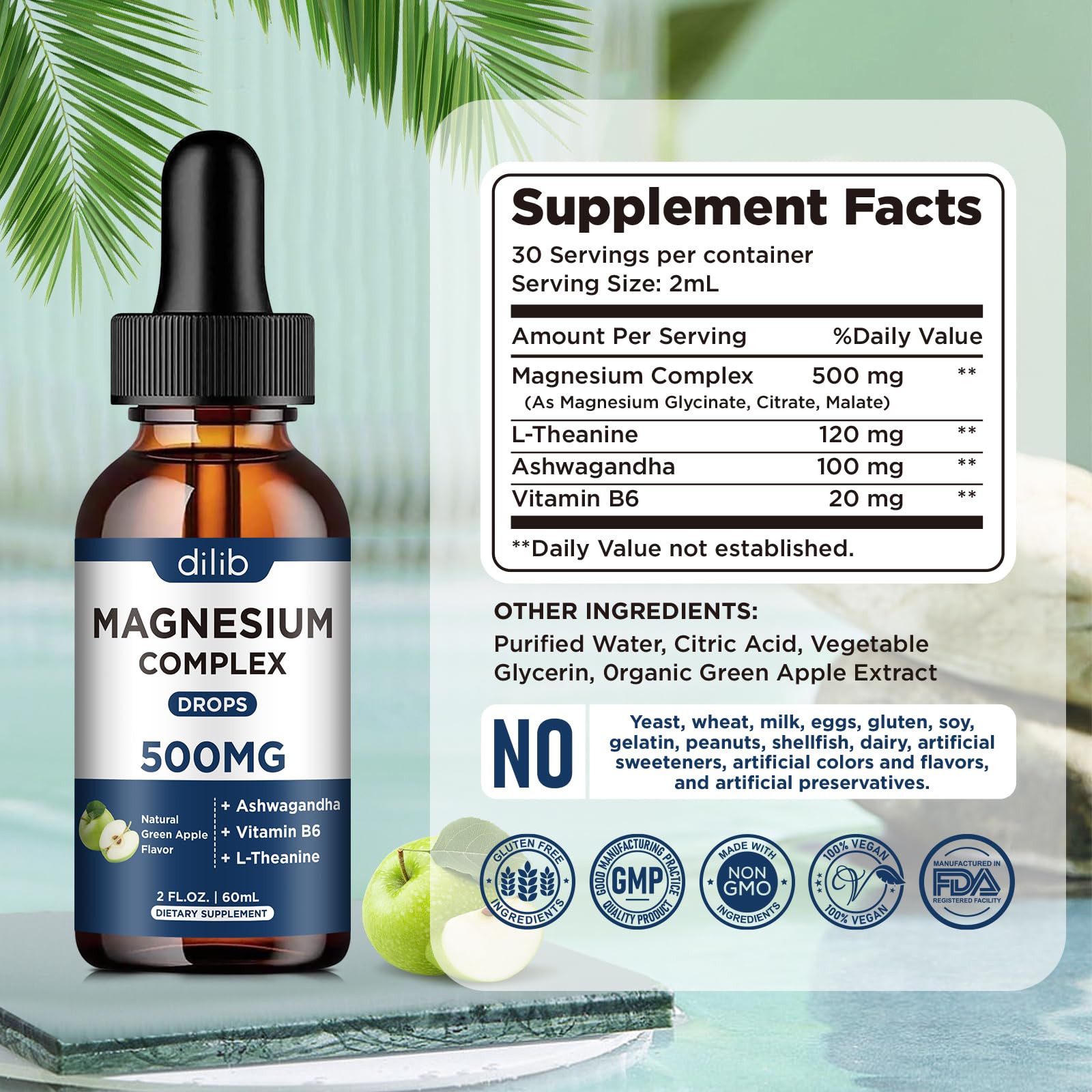 Triple Magnesium Complex Supplement-Magnesium Glycinate, Citrate, Malate Liquid Drops 500mg with Ashwagandha, L-Theanine, B6 for Calm, Stress Relief, Sleep, Muscle Support-Green Apple Flavor dilib uk supplements