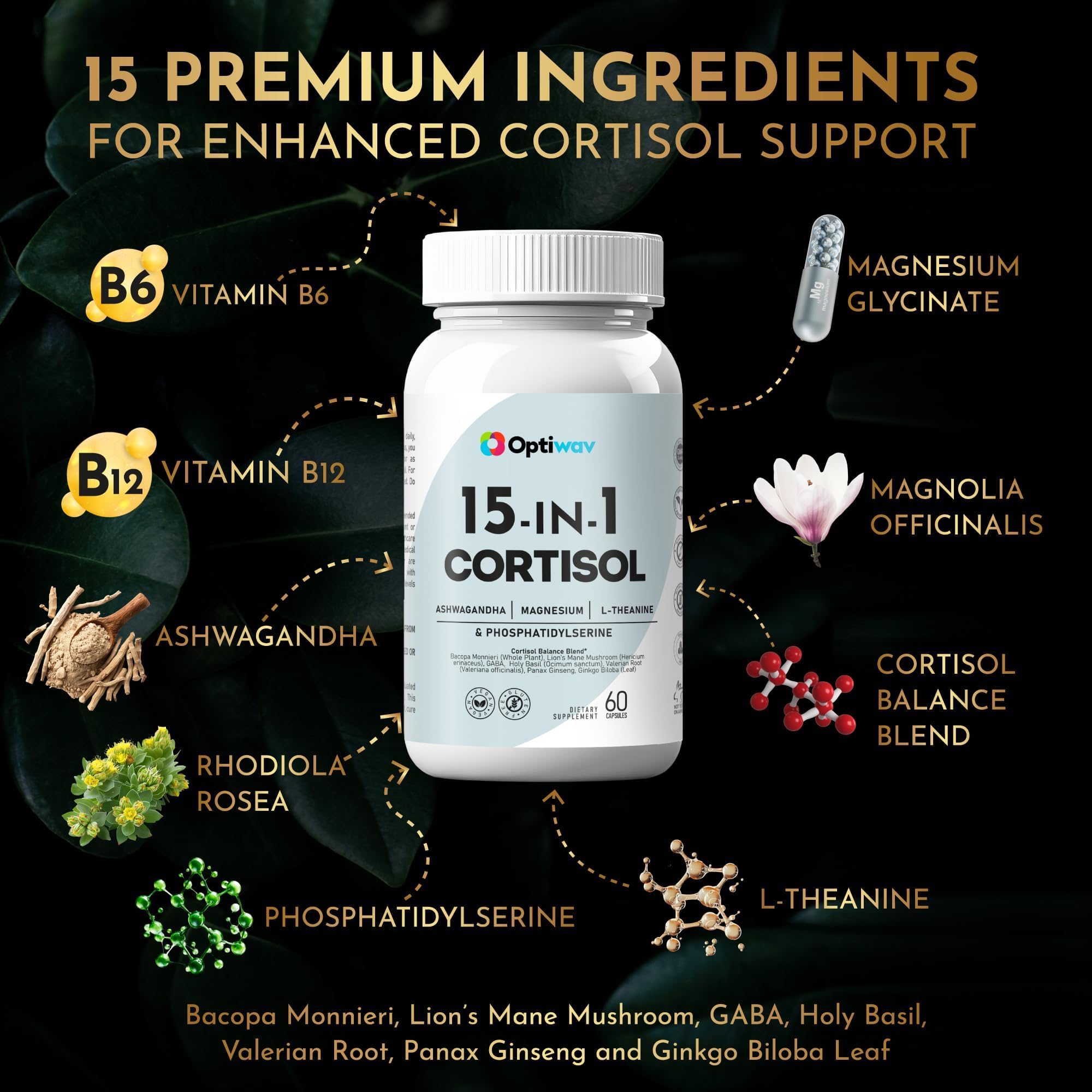 Optiwav Cortisol Detox Supplement for Women Men - Control & Lowering High Cortisol Level - Balance Calm Stress Relief Cleanse Adrenal Health Support - Magnesium Ashwagandha Cortisol Blocker Reducer Optiwav uk supplements