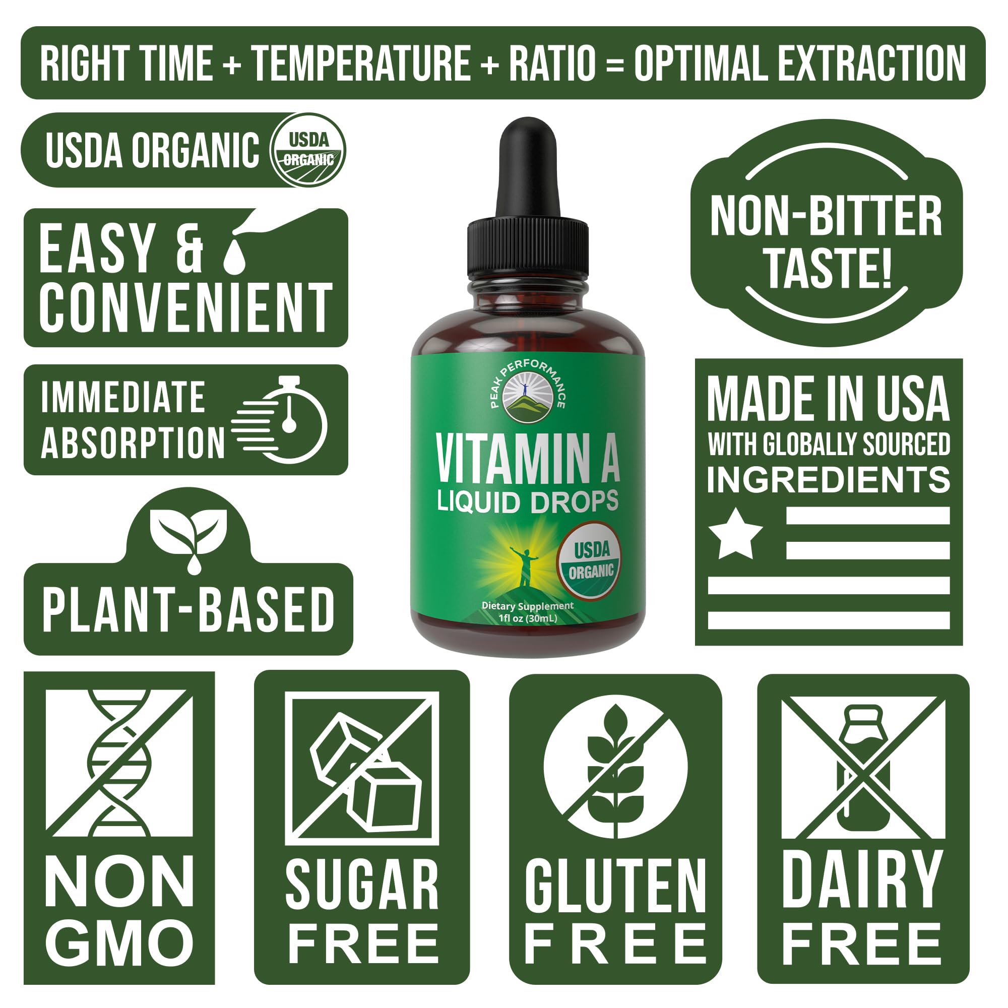 USDA Organic Vitamin A Liquid Drops Supplement. Vegan High Bioavailability for Eye, Skin + Bone Health. for Adults, Men, Women, Kids. Vit A Oil Retinyl Palmitate. Gluten Free, Zero Sugar. 100 Servings Peak Performance uk supplements