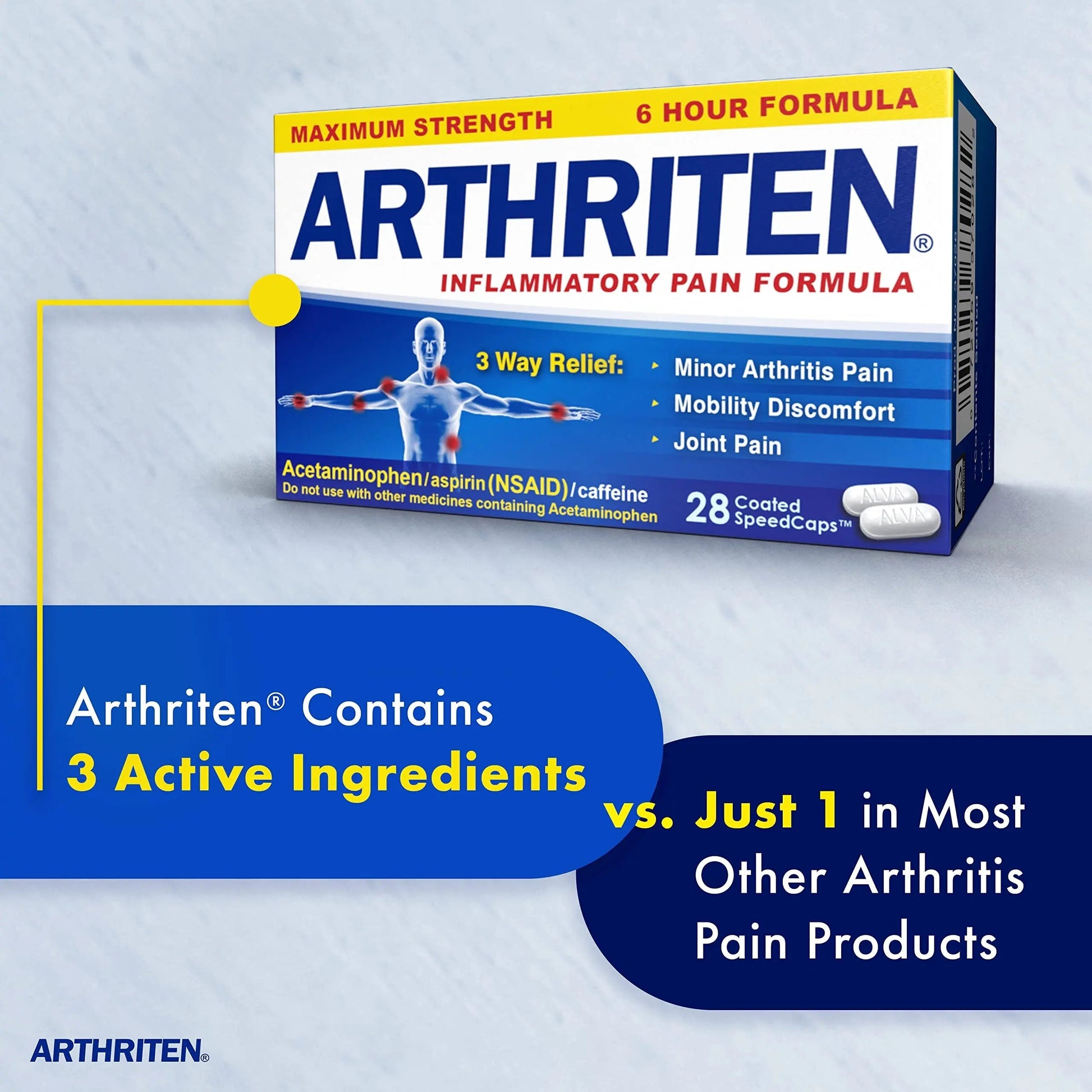 Arthriten Inflammatory Pain Formula Caplets with 3 Active Ingredients: Aspirin, Acetaminophen & Caffeine, White, 28 Count (Pack of 1) Arthriten uk supplements