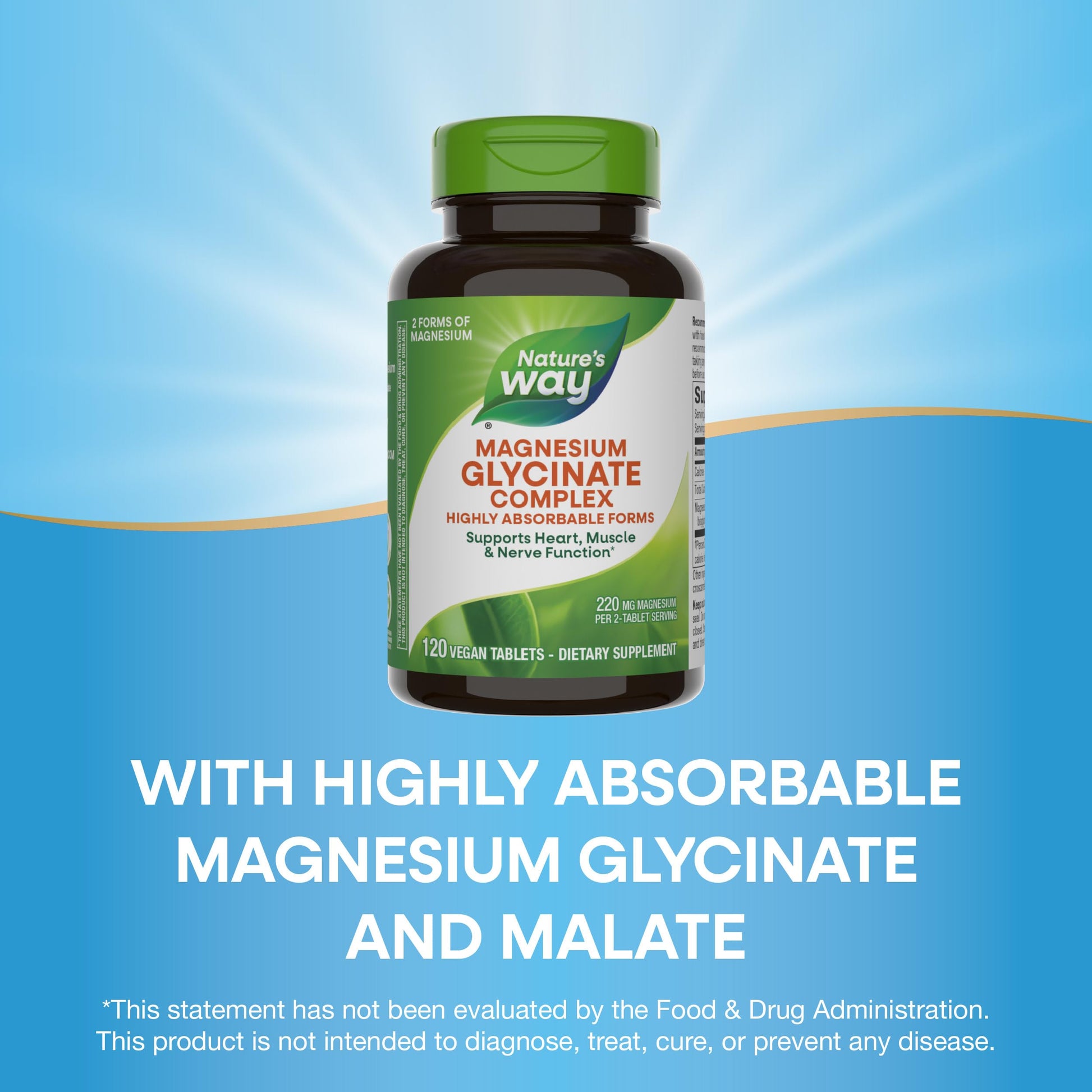 Nature's Way Magnesium Glycinate Complex, Supports Heart, Muscle, Nerve Function*, Highly Absorbable, 220 mg per 2-Tablet Serving, No Gluten, Vegan, 120 Tablets Nature's Way uk supplements