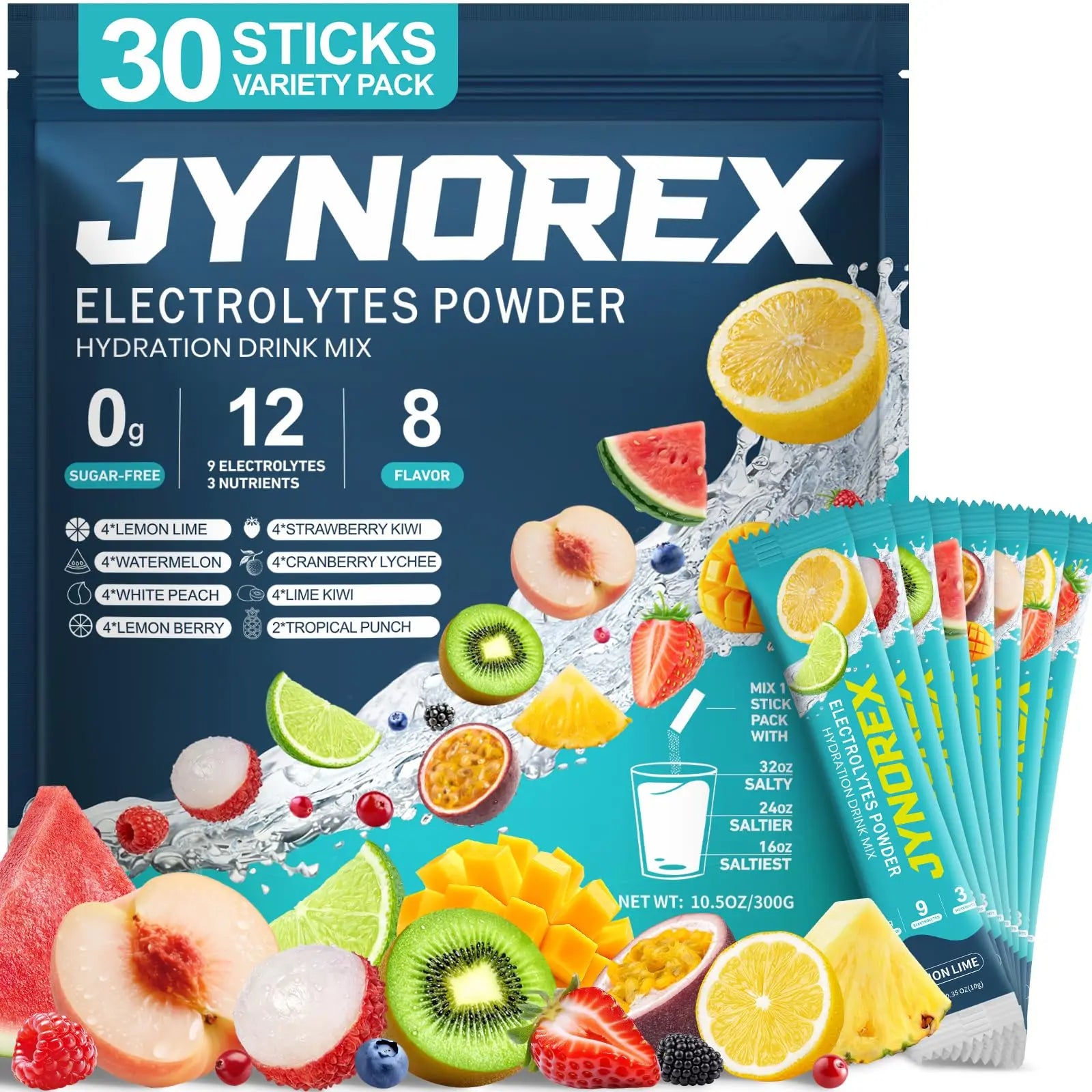 JYNOREX Electrolytes Powder Packets Sugar Free, 30 Sticks High Sodium Hydration Packets, Electrolyte Drink Mix with Lemon Lime Watermelon Peach Berry Kiwi JYNOREX uk supplements