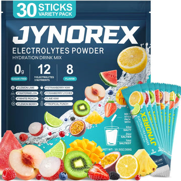 JYNOREX Electrolytes Powder Packets Sugar Free, 30 Sticks High Sodium Hydration Packets, Electrolyte Drink Mix with Lemon Lime Watermelon Peach Berry Kiwi JYNOREX uk supplements
