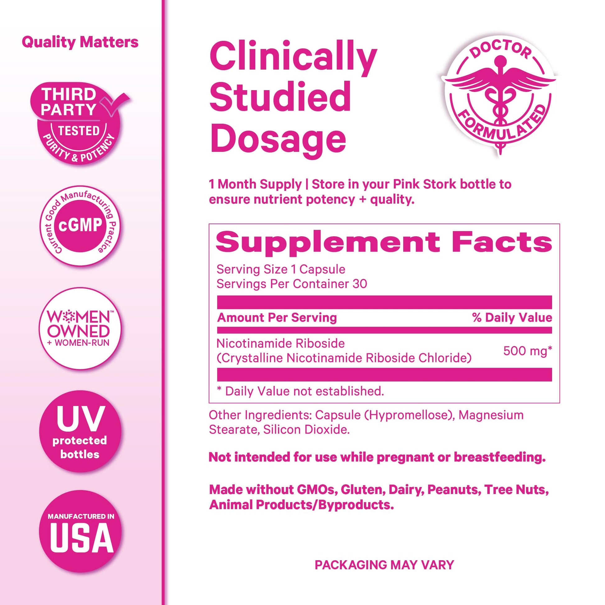 Pink Stork NAD+ Supplement for Women | 500mg Nicotinamide Riboside NR | Clinically-Studied Pure NMN Powder | Brain + Cognitive Support |Energy, Skin Essentials Over 30 | 1 Month Supply Pink Stork uk supplements