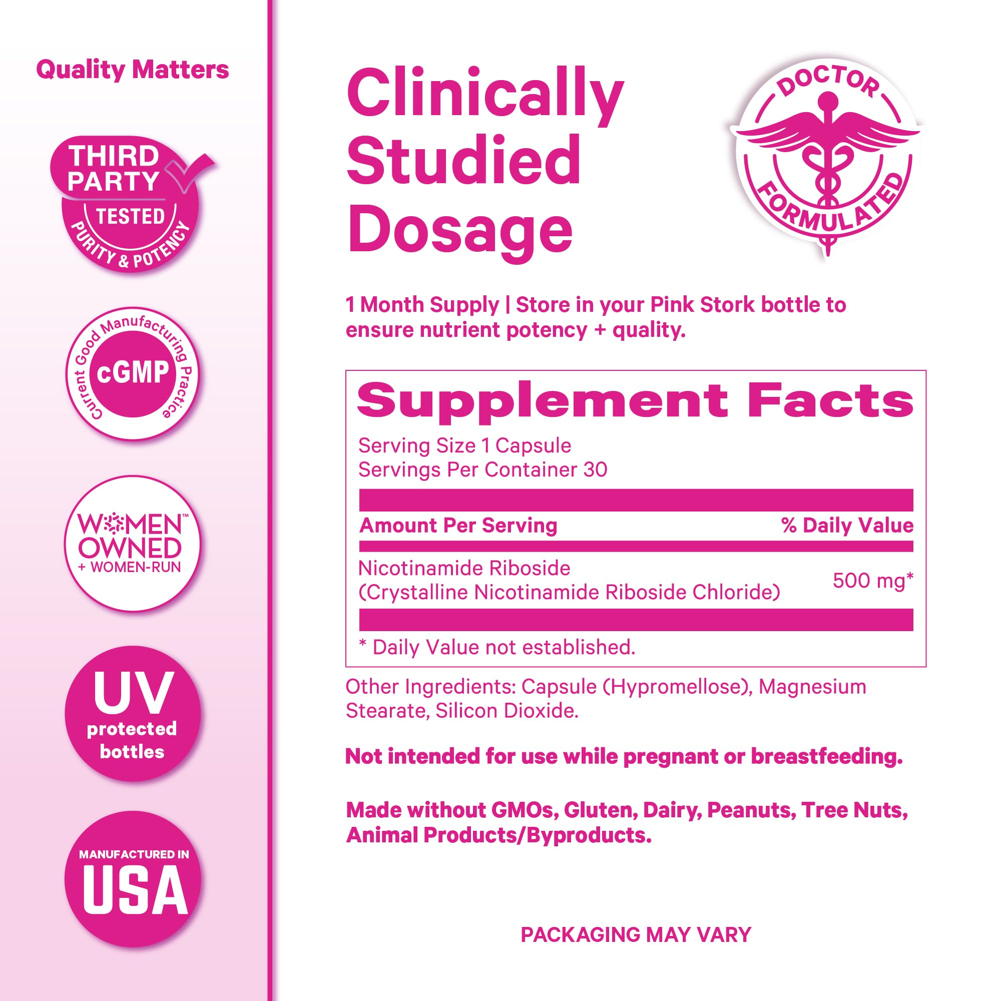 Pink Stork NAD+ Supplement for Women | 500mg Nicotinamide Riboside NR | Clinically-Studied Pure NMN Powder | Brain + Cognitive Support |Energy, Skin Essentials Over 30 | 1 Month Supply Pink Stork uk supplements