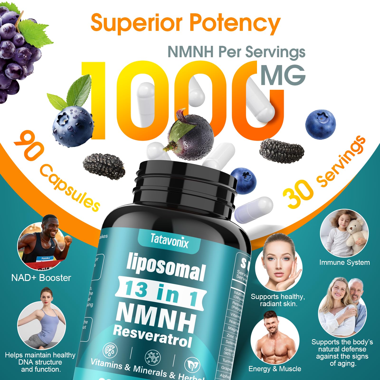 NMNH (Dihydronicotinamide Mononucleotide) 1000mg per Serving - NMN Alternative with Liposomal NAD+, Resveratrol & PQQ| Non-GMO, Gluten-Free | Supports Energy, Focus & Healthy Aging | 90 Capsules Tatavonix uk supplements