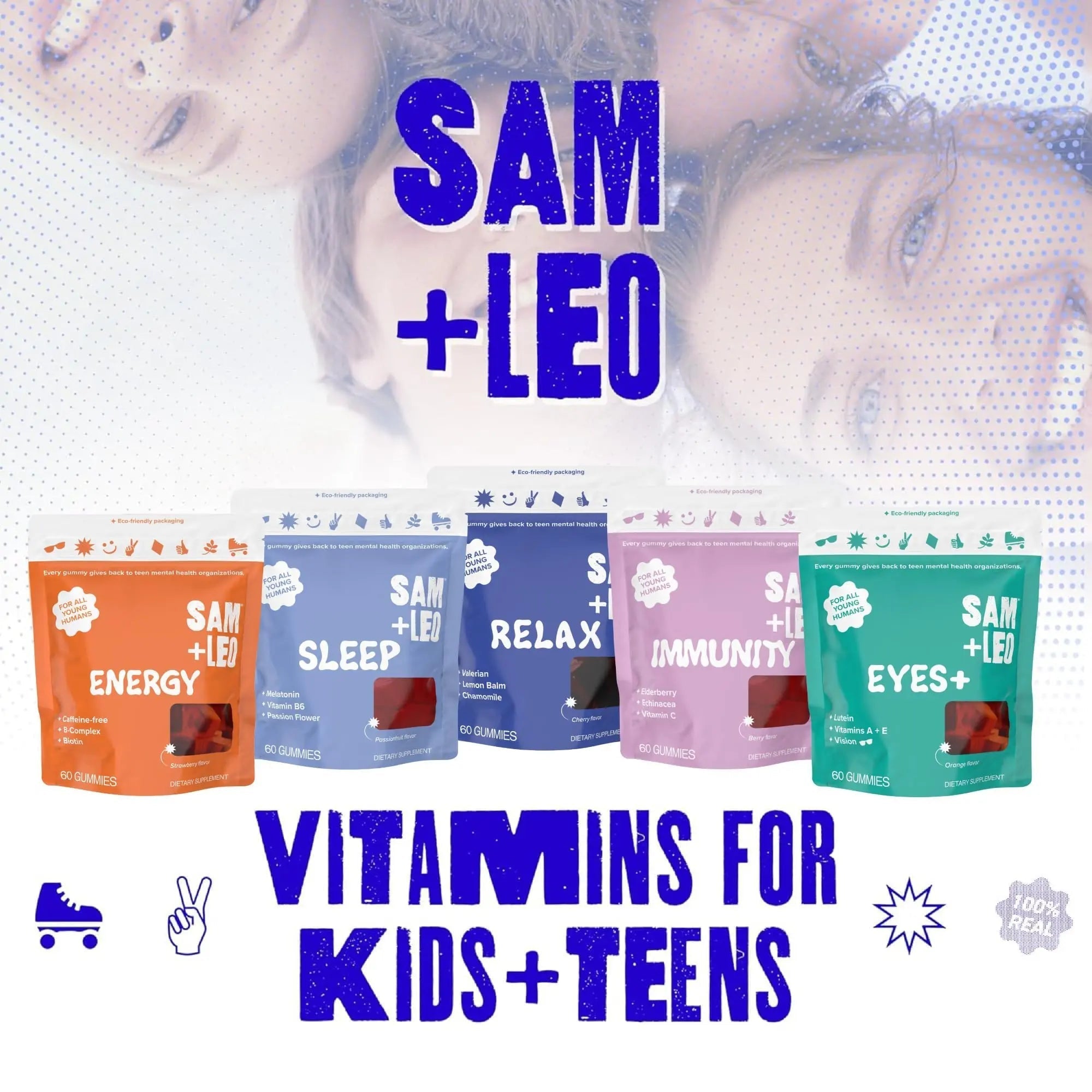 SAM+LEO Vitamin B Complex Gummies with Biotin for Kids & Teens - Caffeine-Free Focus & Energy Support Supplement Gummies | SAM+LEO uk supplements