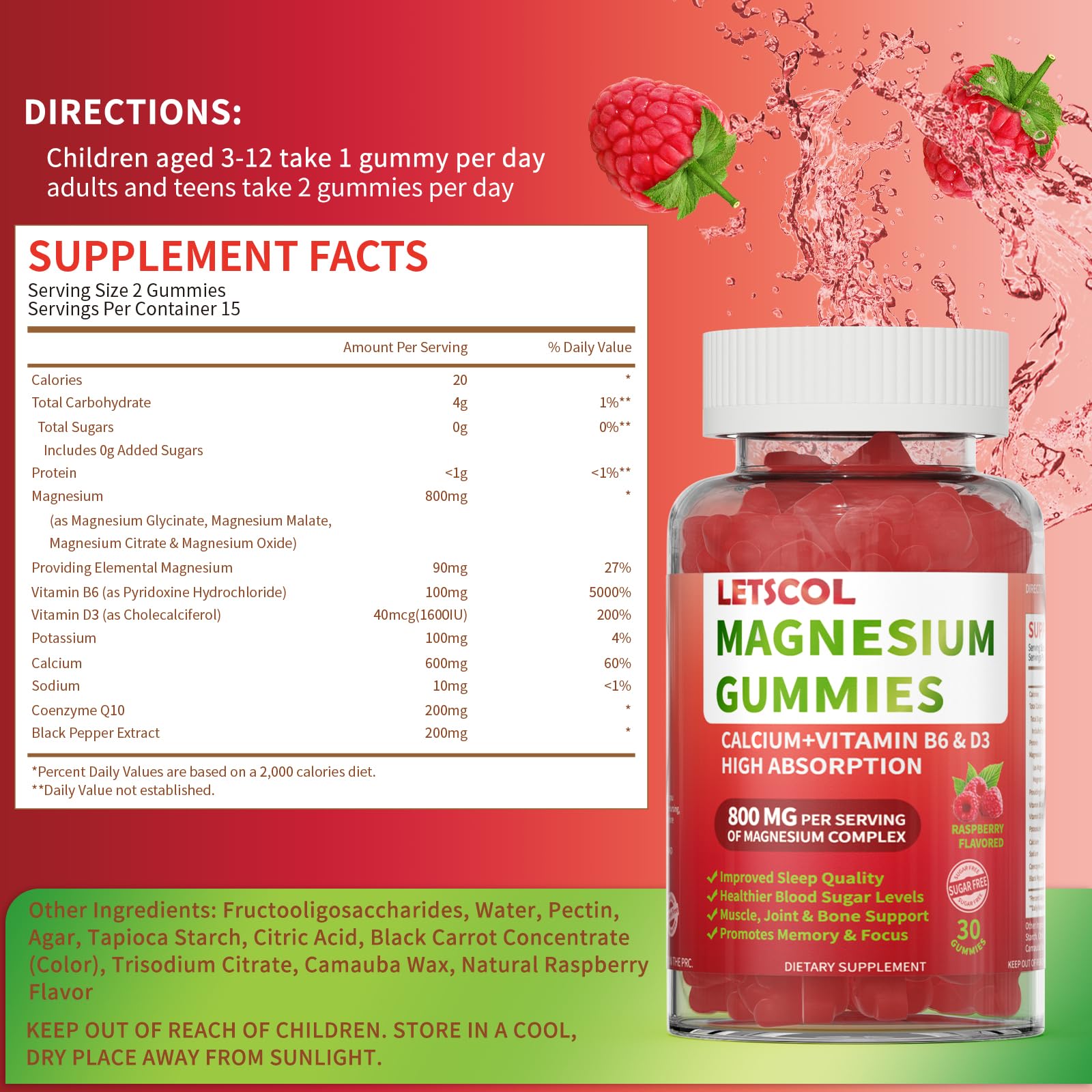 LETSCOL Magnesium Glycinate Gummies 800mg Per Serving, Sugar Free Magnesium Supplement with Magnesium Malate, Calcium, Vitamin D3, B6, CoQ10 for Calm Support & Zzz for Adults Kids LETSCOL uk supplements