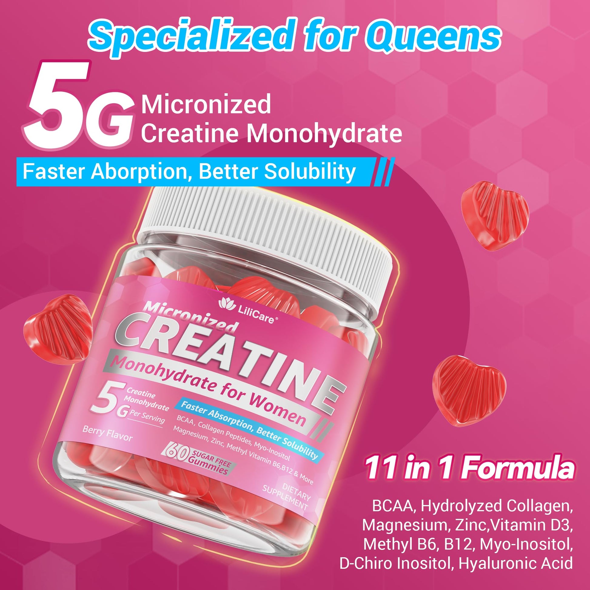 Creatine for Women Gummies, Micronized Creatine Monohydrate + Myo-Inositol, Collagen Peptides, BCAAs, Hyaluronic Acid, Vitamin B6 B12, Zinc for Enërgy, Föcus, Hörmonal Balance, Sugar Free, 120 Counts LILICARE uk supplements