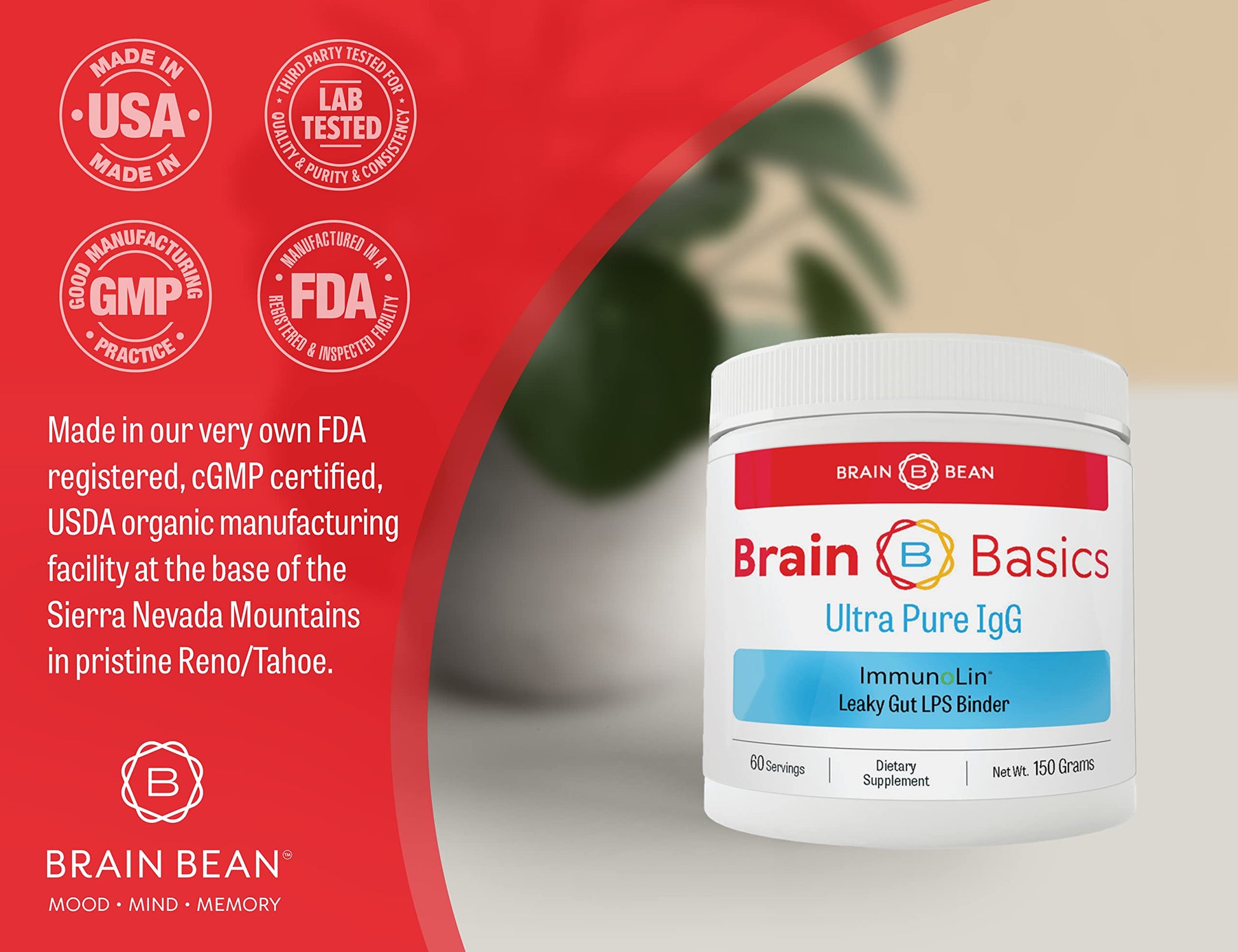 Brain Basics Ultra Pure IgG Supplement - Dairy-Free Supplement IgG-Immunolin Powder, Blended Vitamin & Mineral Supplements, 150g, 60 Servings Brain Bean uk supplements