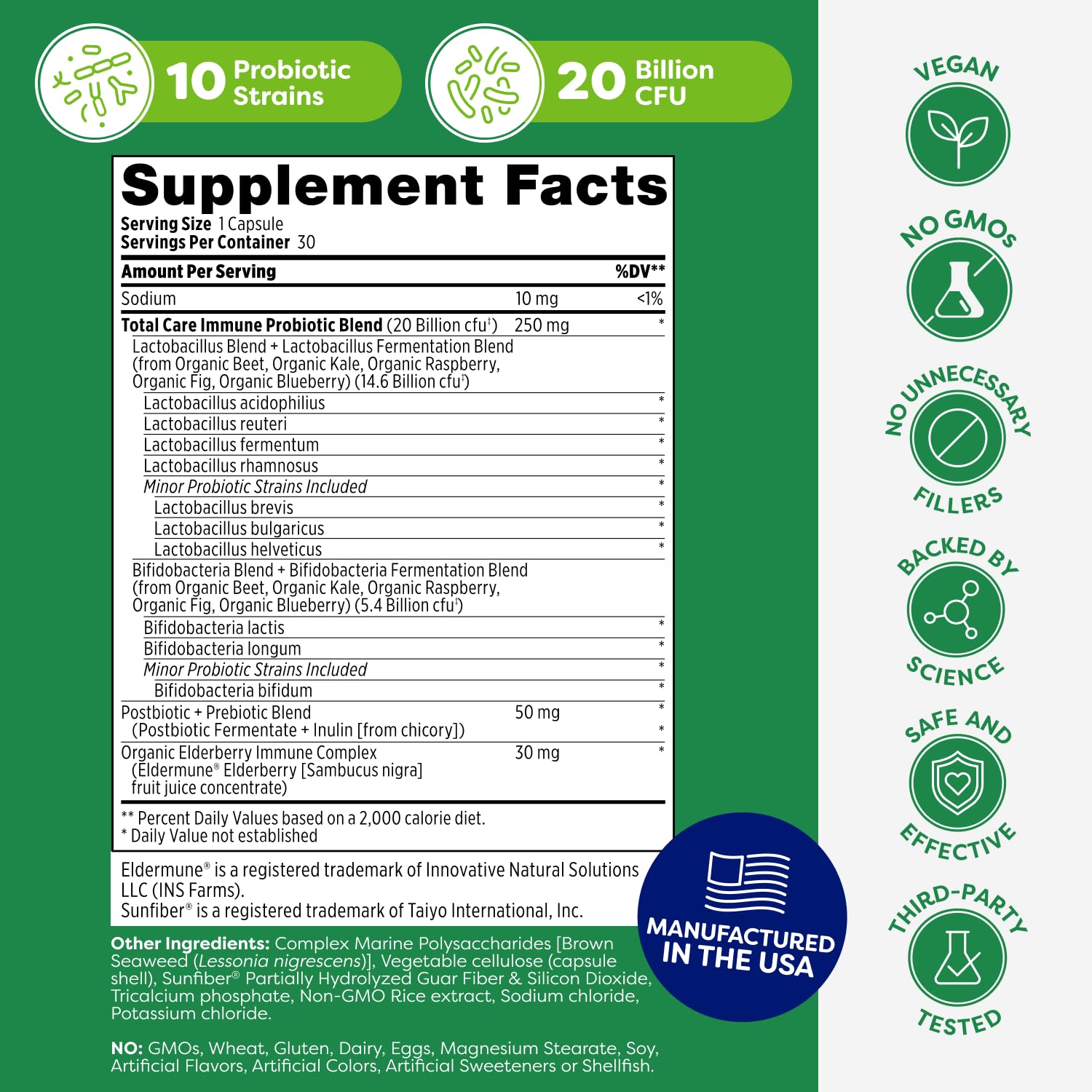 Probulin Total Care Immune = Prebiotics + Probiotics + Postbiotics + Elderberry to Support Immune & Gut Health - 20 Billion CFU - 10 Probiotic Strains, 30 Vegan Capsules Probulin uk supplements