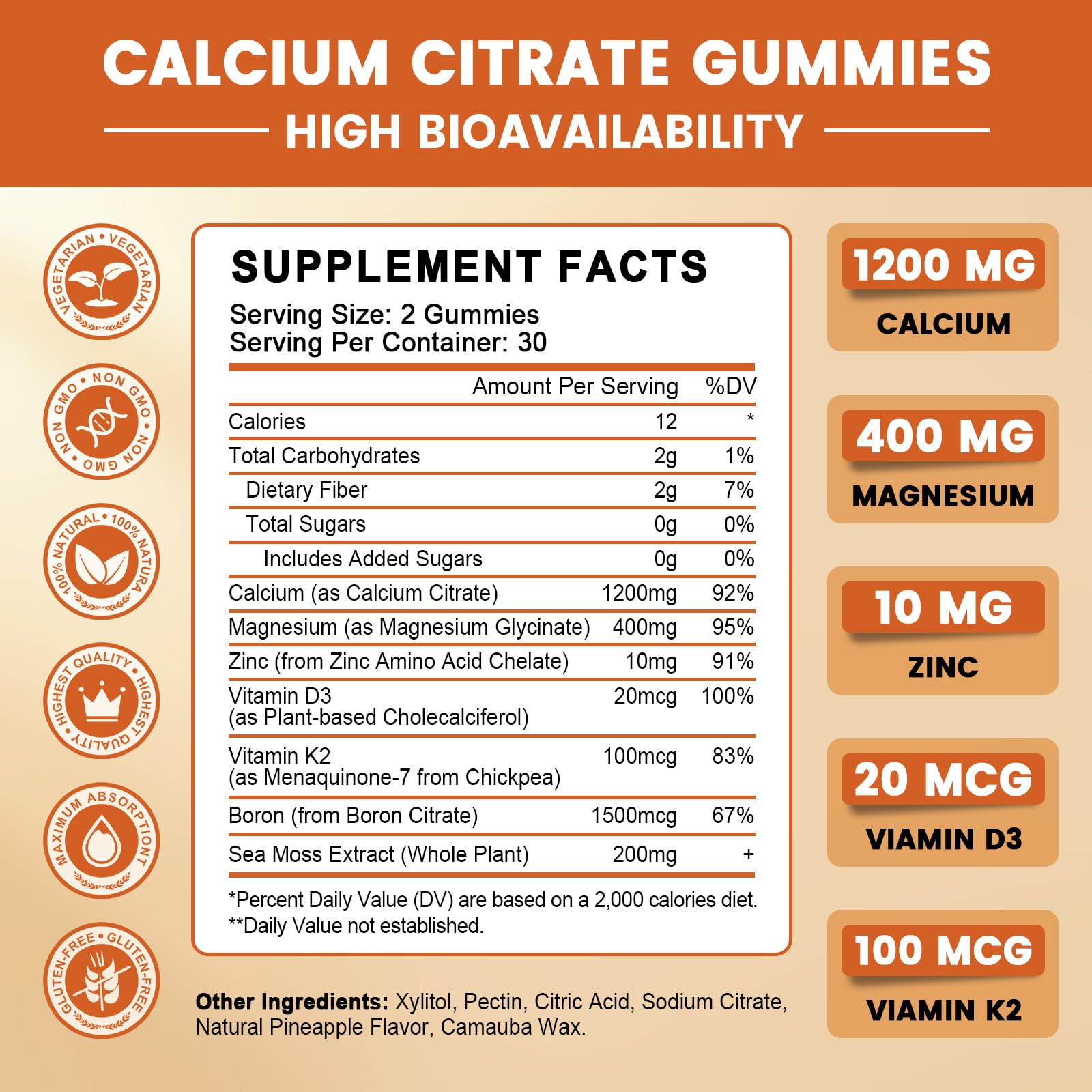 GONGOTA Calcium Citrate 1200mg with Vitamin D3 Gummies, Chewable Calcium for Bone, Muscle, Joints, Immune Support, Calcium Supplements for Women & Men,Sugar Free, Pineapple Flavor - 120 Gummies GONGOTA uk supplements