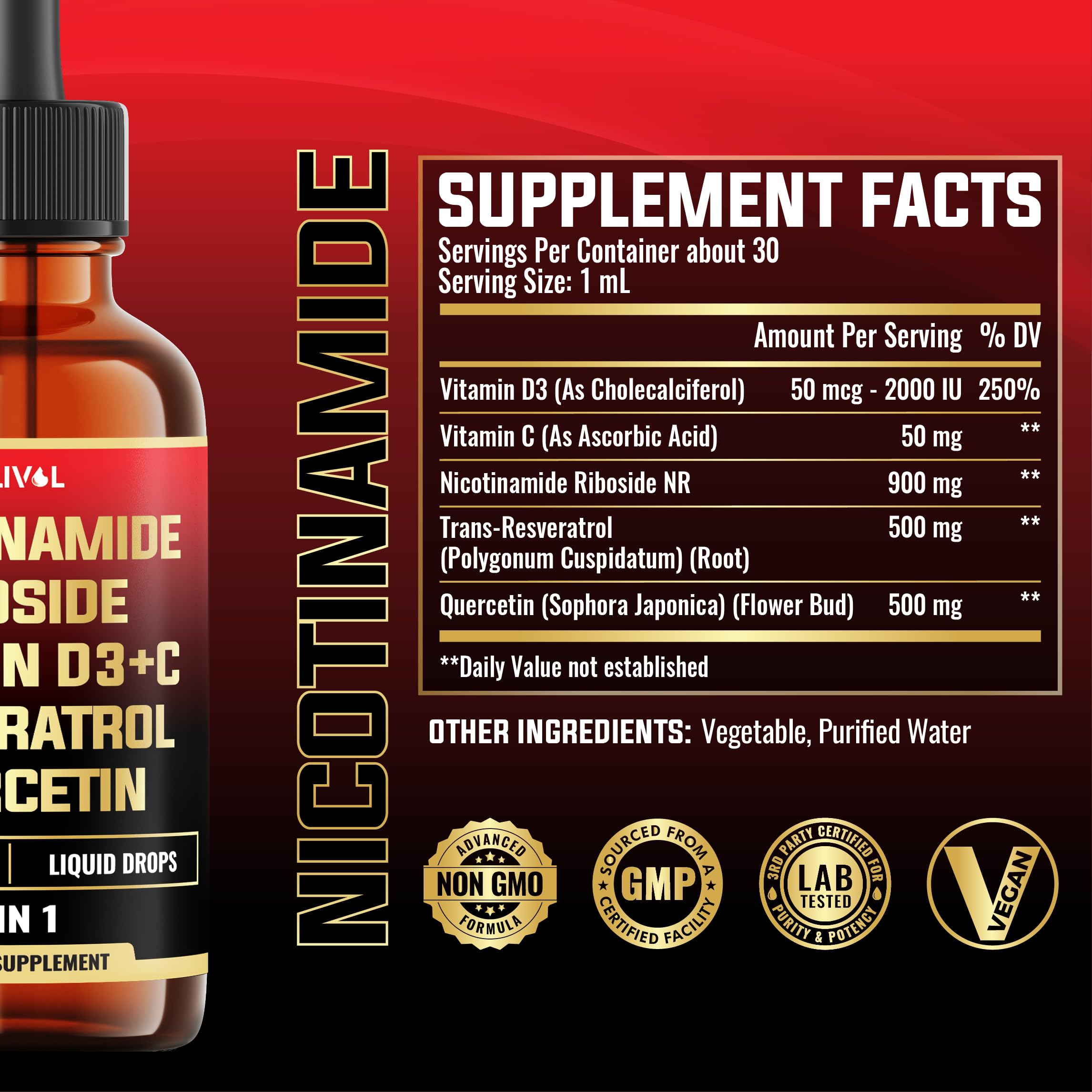 MILIVOL 5in1 NAD+ Liquid Drops w/Nicotinamide Riboside NR 900mg, Quercetin 500mg, Trans-resveratrol 500mg, Vitamin D3-C - Cellular Energy & Repair, Vitality, Healthy Aging - 1FL Oz - 1 Month Supply MILIVOL uk supplements